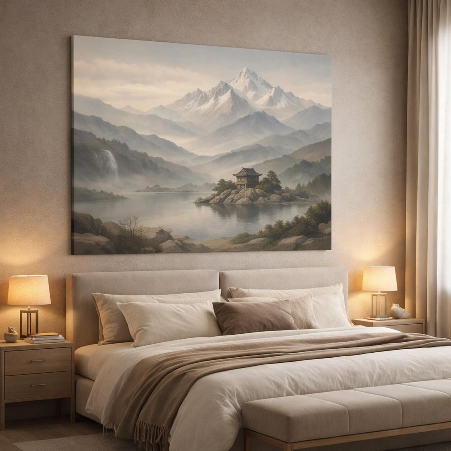 Wabi Sabi Mountain Serene shown as canvas wall art in a luxury bedroom