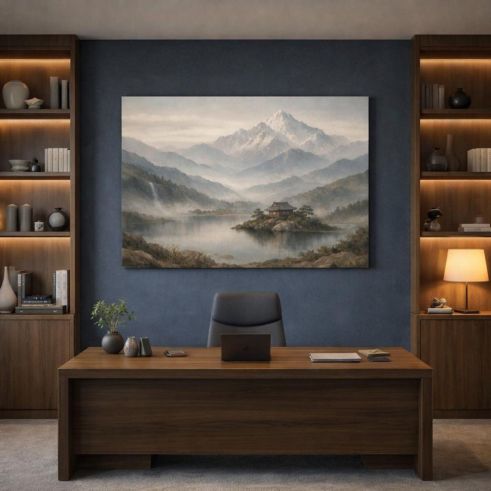 Wabi Sabi Mountain Serene shown as canvas wall art in a refined dining room