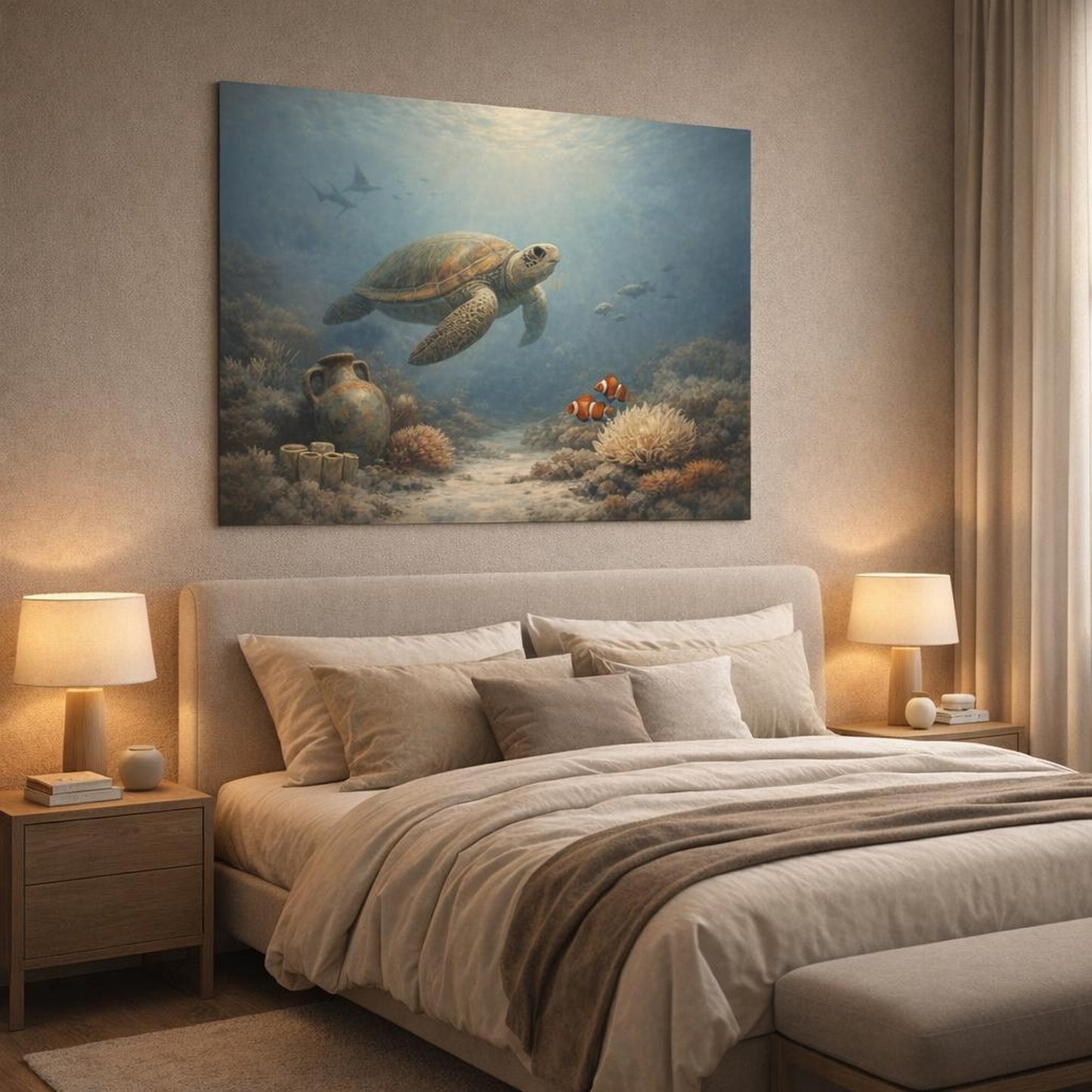 Wabi Sabi Ocean Life shown as canvas wall art in a luxury bedroom