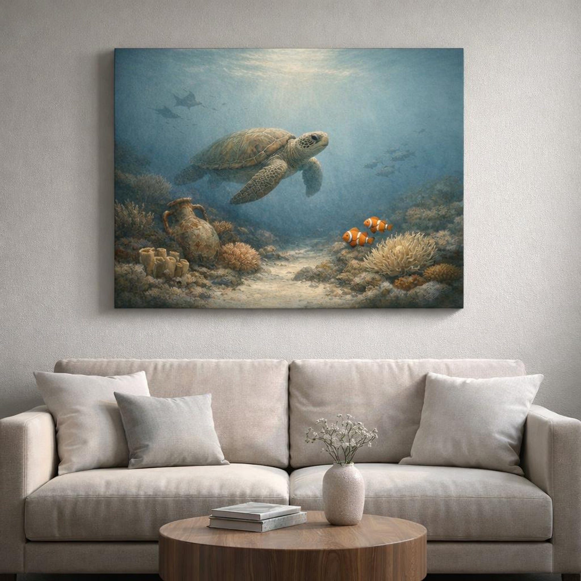 Wabi Sabi Ocean Life shown as canvas wall art in a refined dining room