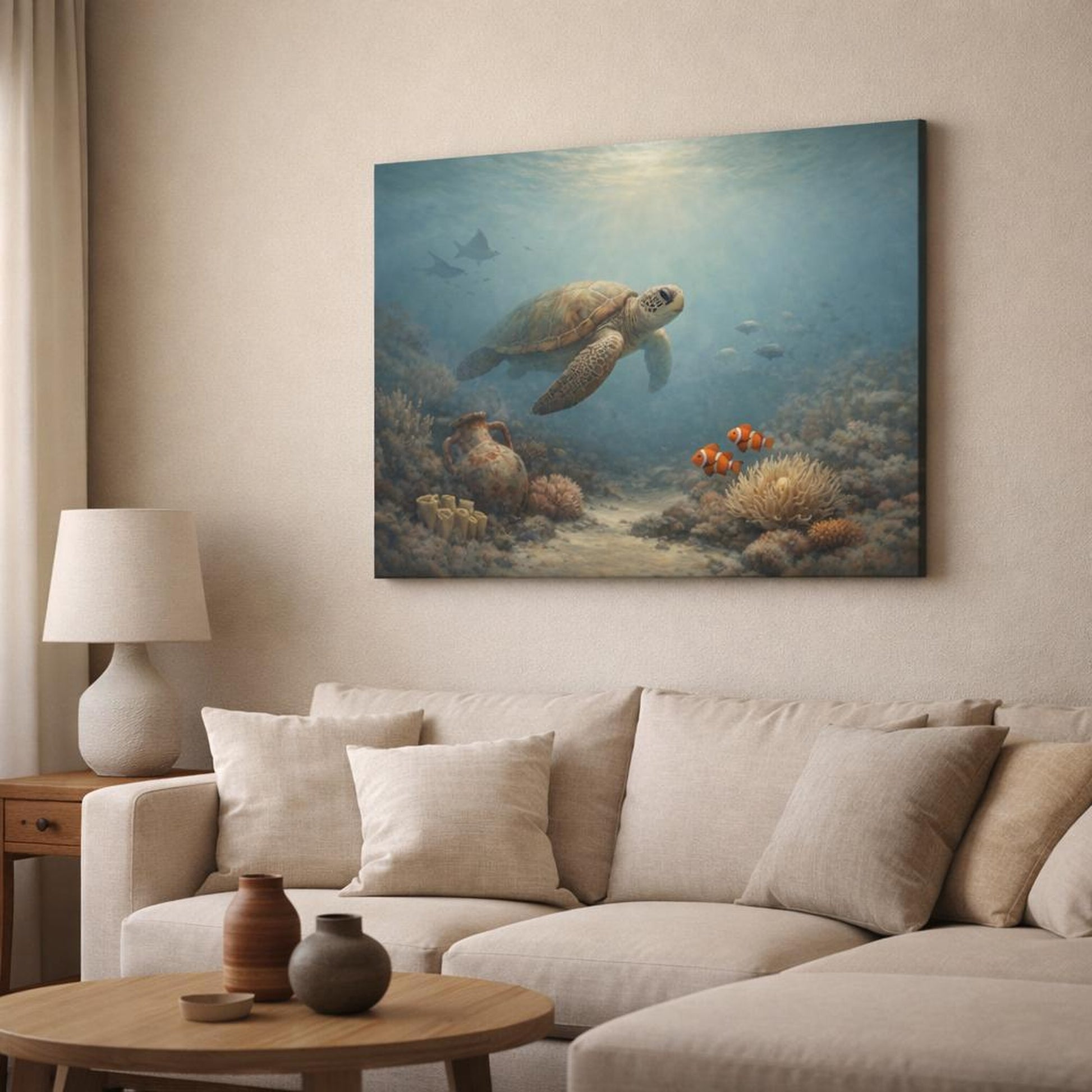 Wabi Sabi Ocean Life shown as canvas wall art in a modern living room