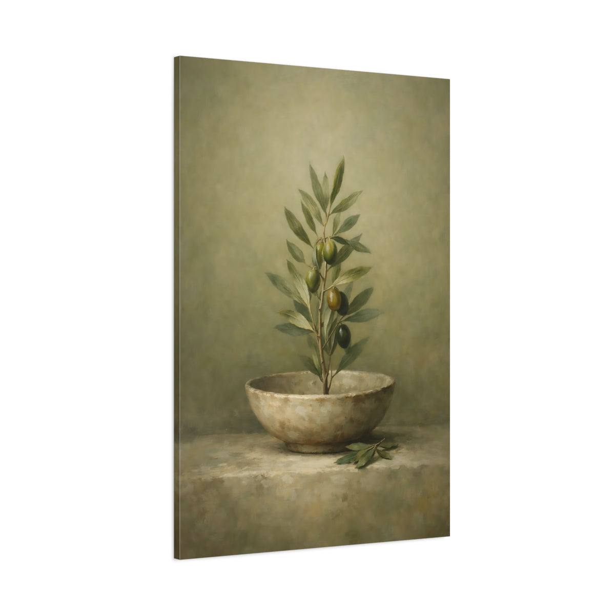 Main Mockup. Wabi Sabi Olive Green Neutral Composition shown as stretched canvas wall art