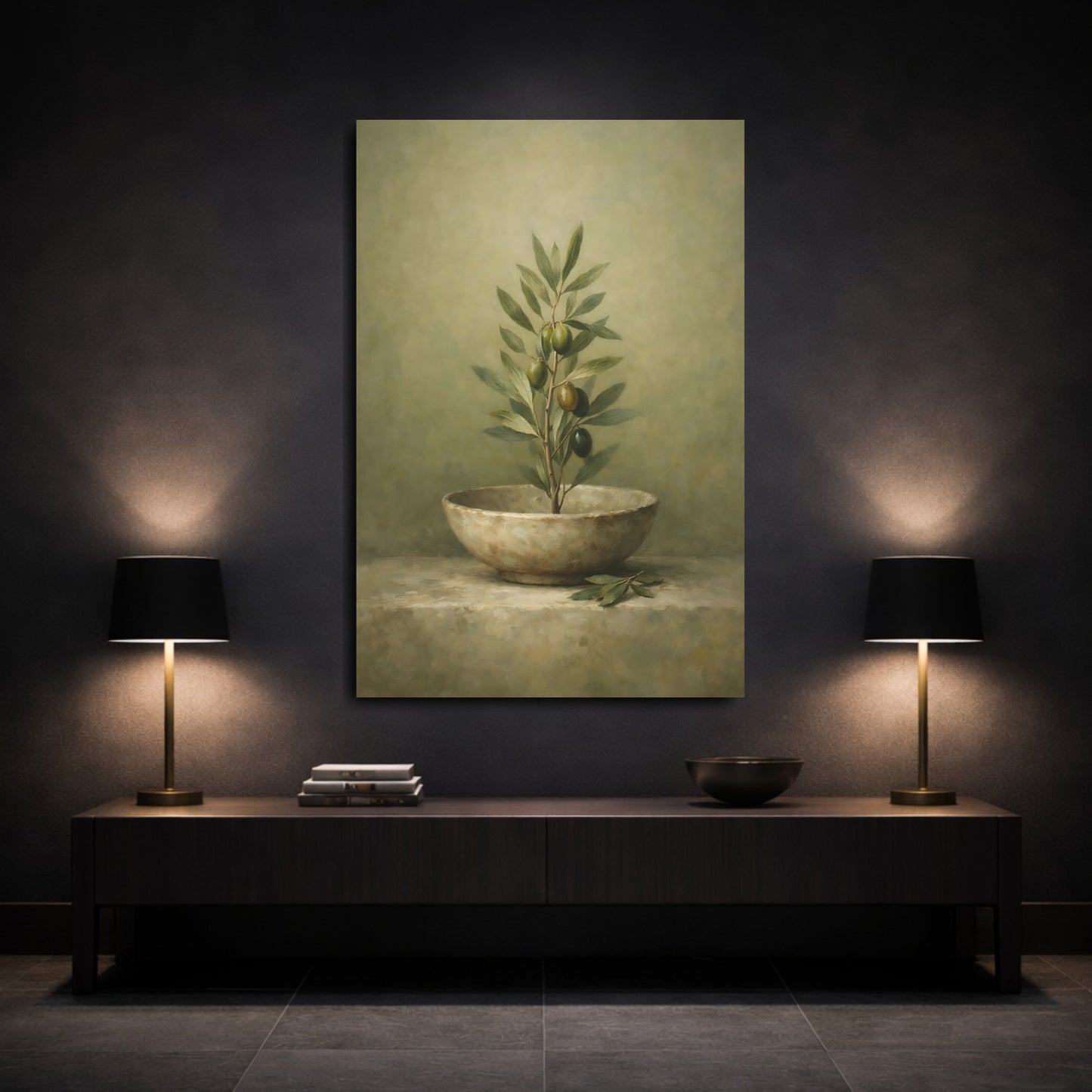 Mockup 2. Wabi Sabi Olive Green Neutral Composition shown as stretched canvas wall art