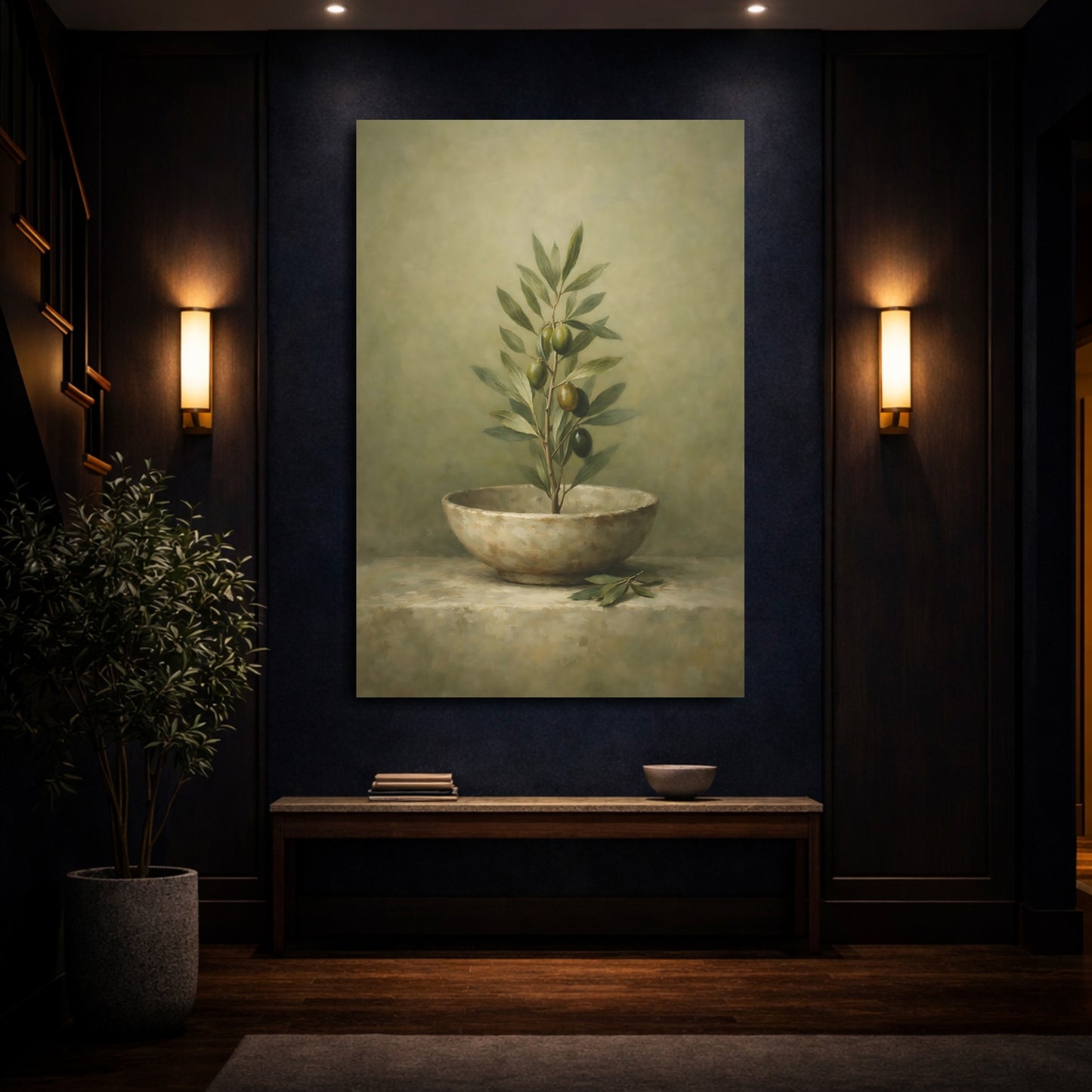 Mockup 3. Wabi Sabi Olive Green Neutral Composition shown as stretched canvas wall art