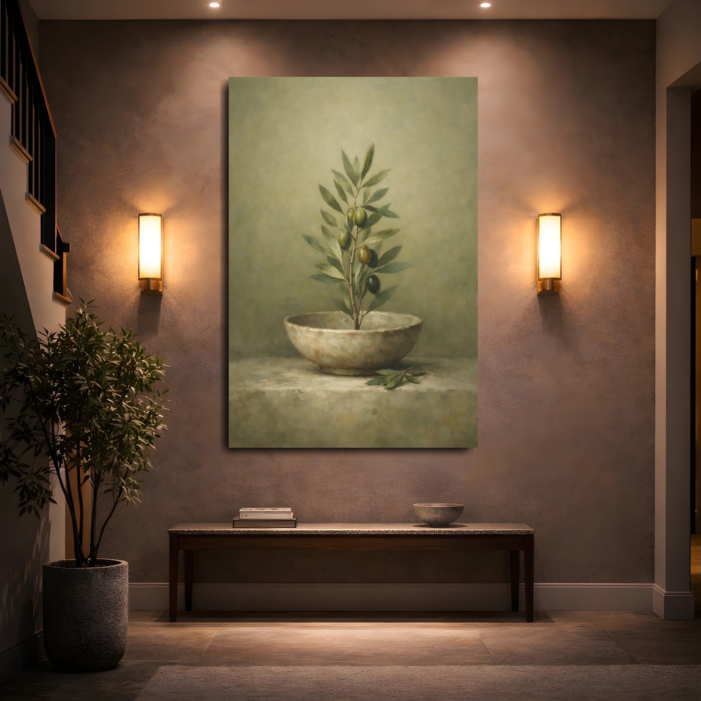 Mockup 4. Wabi Sabi Olive Green Neutral Composition shown as stretched canvas wall art