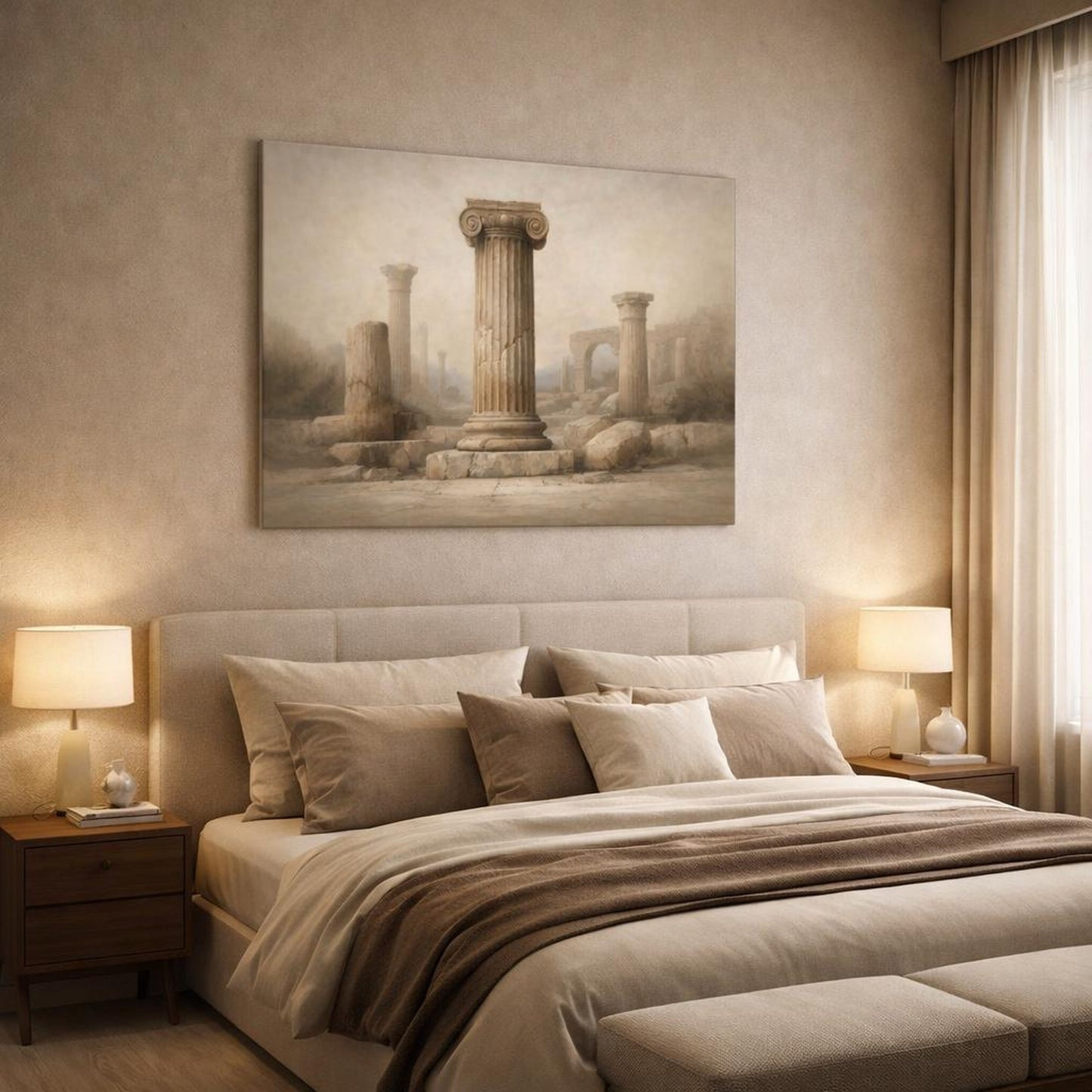 Wabi Sabi Roman Columns shown as canvas wall art in a luxury bedroom