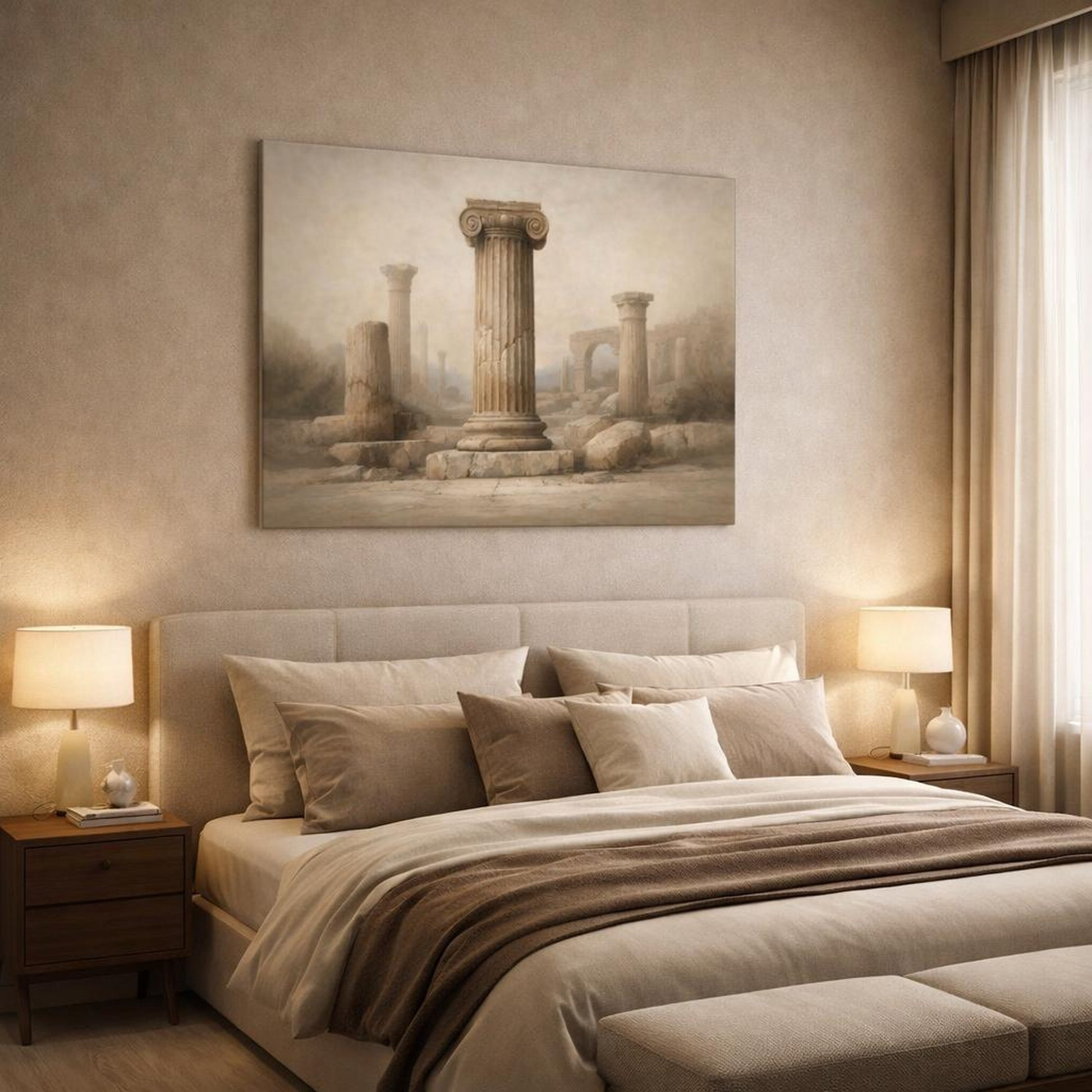 Wabi Sabi Roman Columns shown as canvas wall art in a luxury bedroom