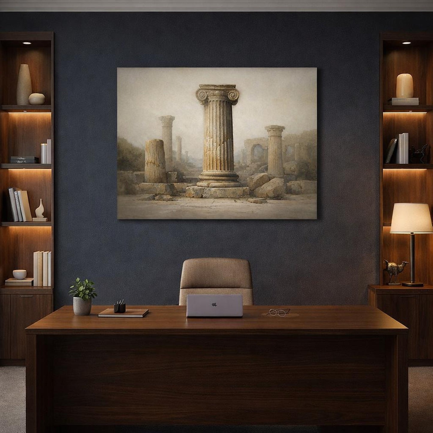 Wabi Sabi Roman Columns shown as canvas wall art in a refined dining room
