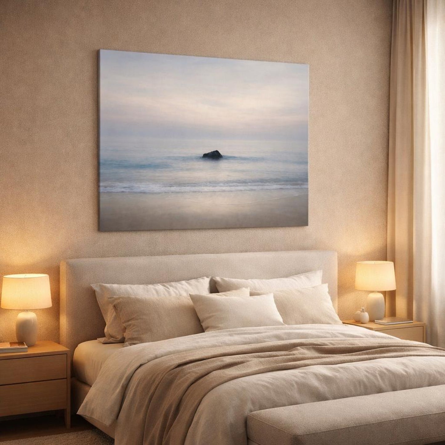 Wabi Sabi Seascape Beach shown as canvas wall art in a luxury bedroom