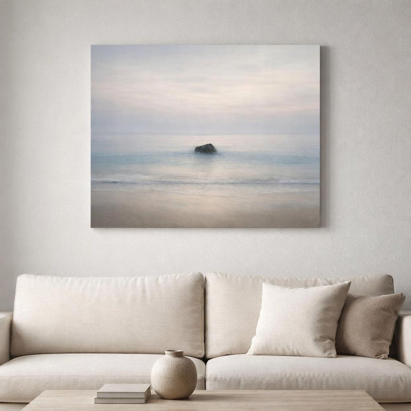 Wabi Sabi Seascape Beach shown as canvas wall art in a luxury executive office