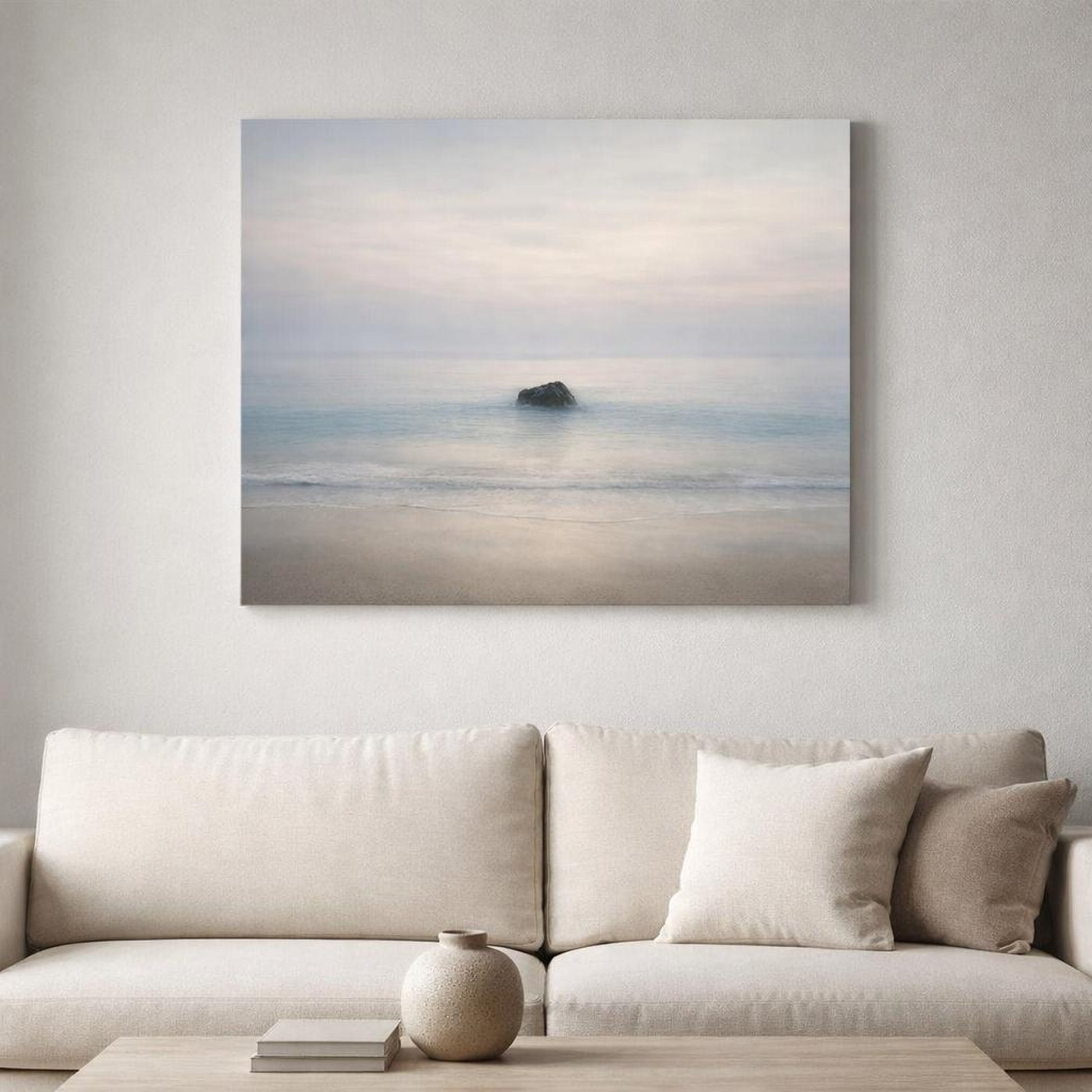 Wabi Sabi Seascape Beach shown as canvas wall art in a luxury executive office