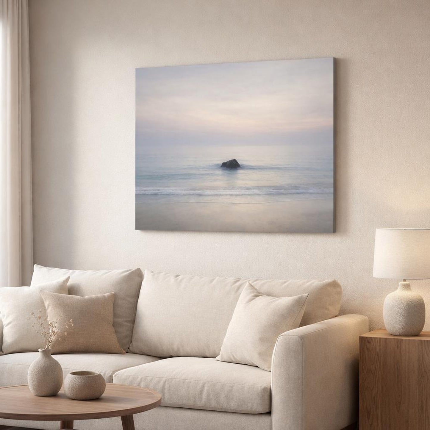 Wabi Sabi Seascape Beach shown as canvas wall art in a modern living room