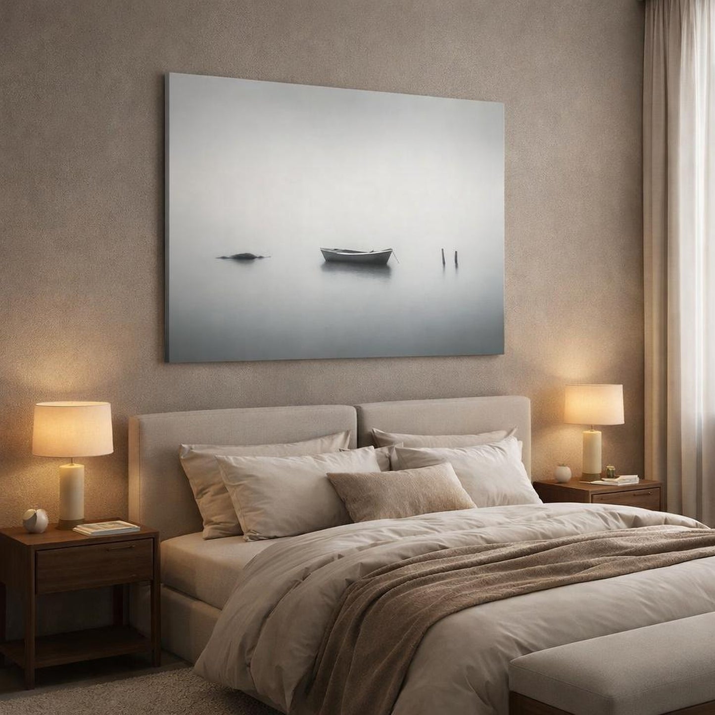 Wabi Sabi Seascape Mist shown as canvas wall art in a luxury bedroom