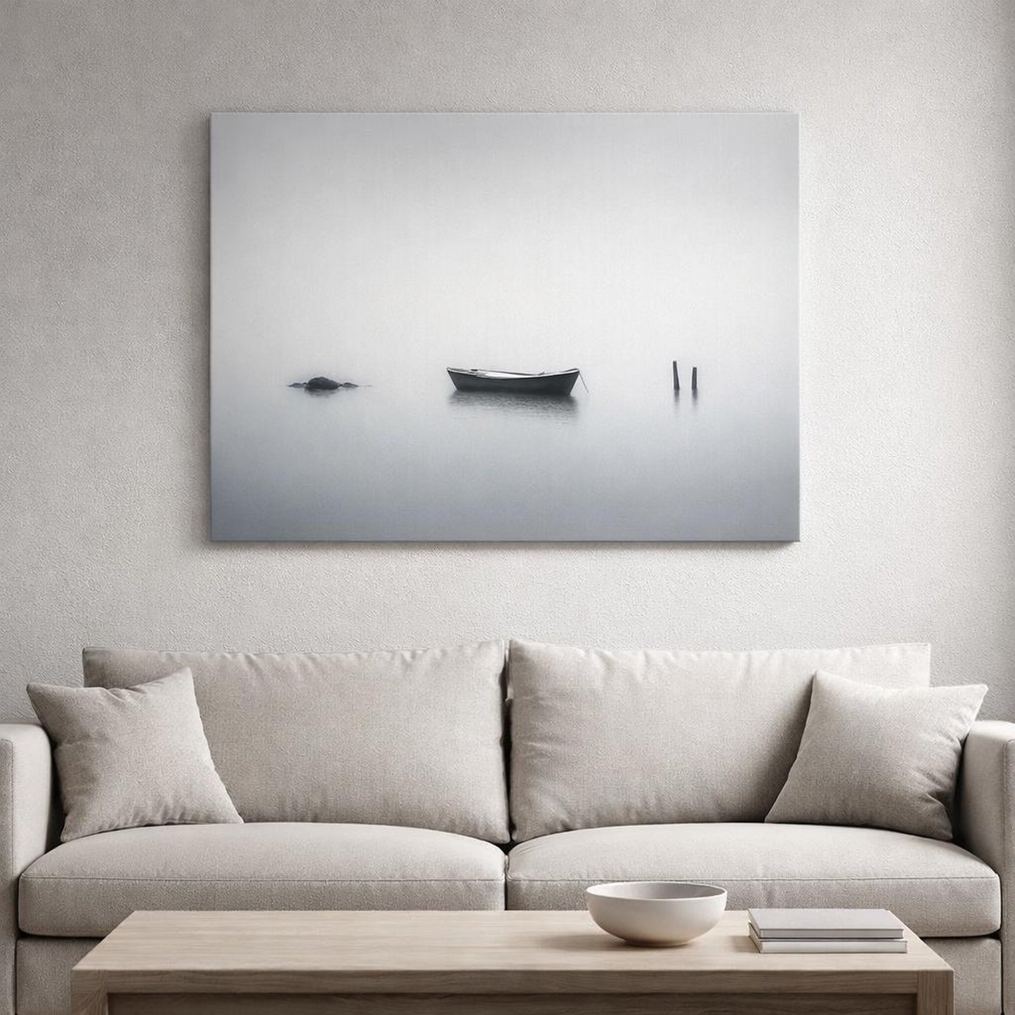 Wabi Sabi Seascape Mist shown as canvas wall art in a refined dining room