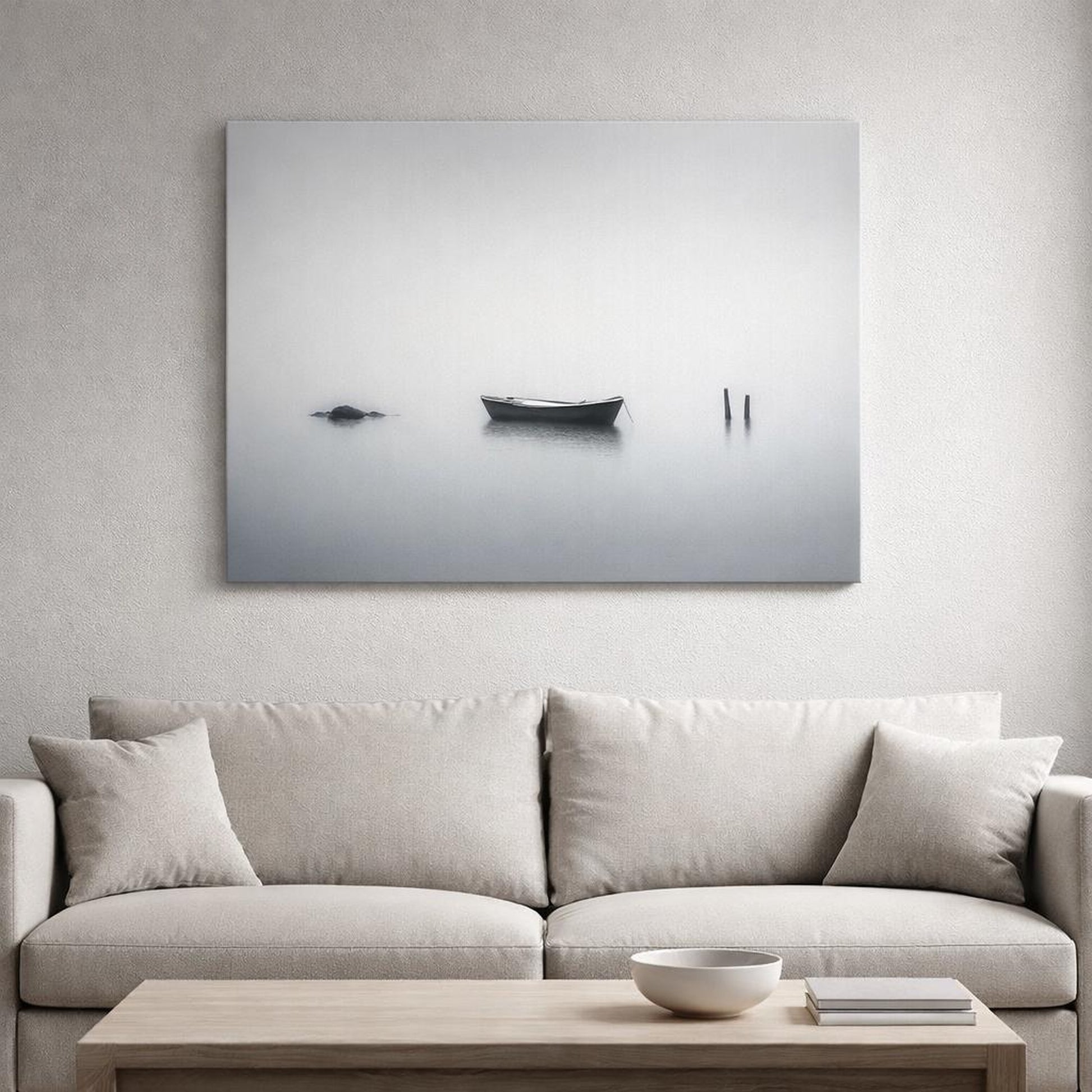 Wabi Sabi Seascape Mist shown as canvas wall art in a refined dining room