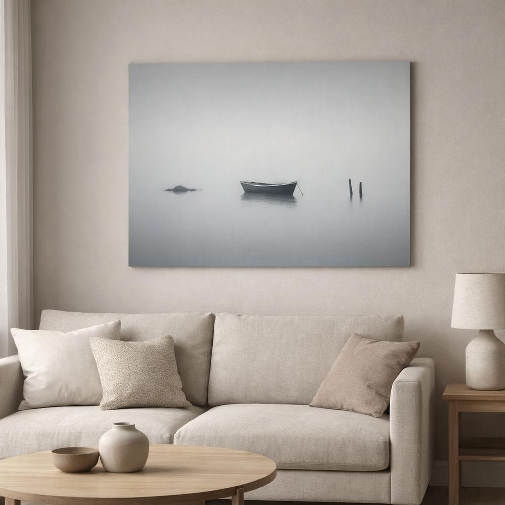 Wabi Sabi Seascape Mist shown as canvas wall art in a modern living room
