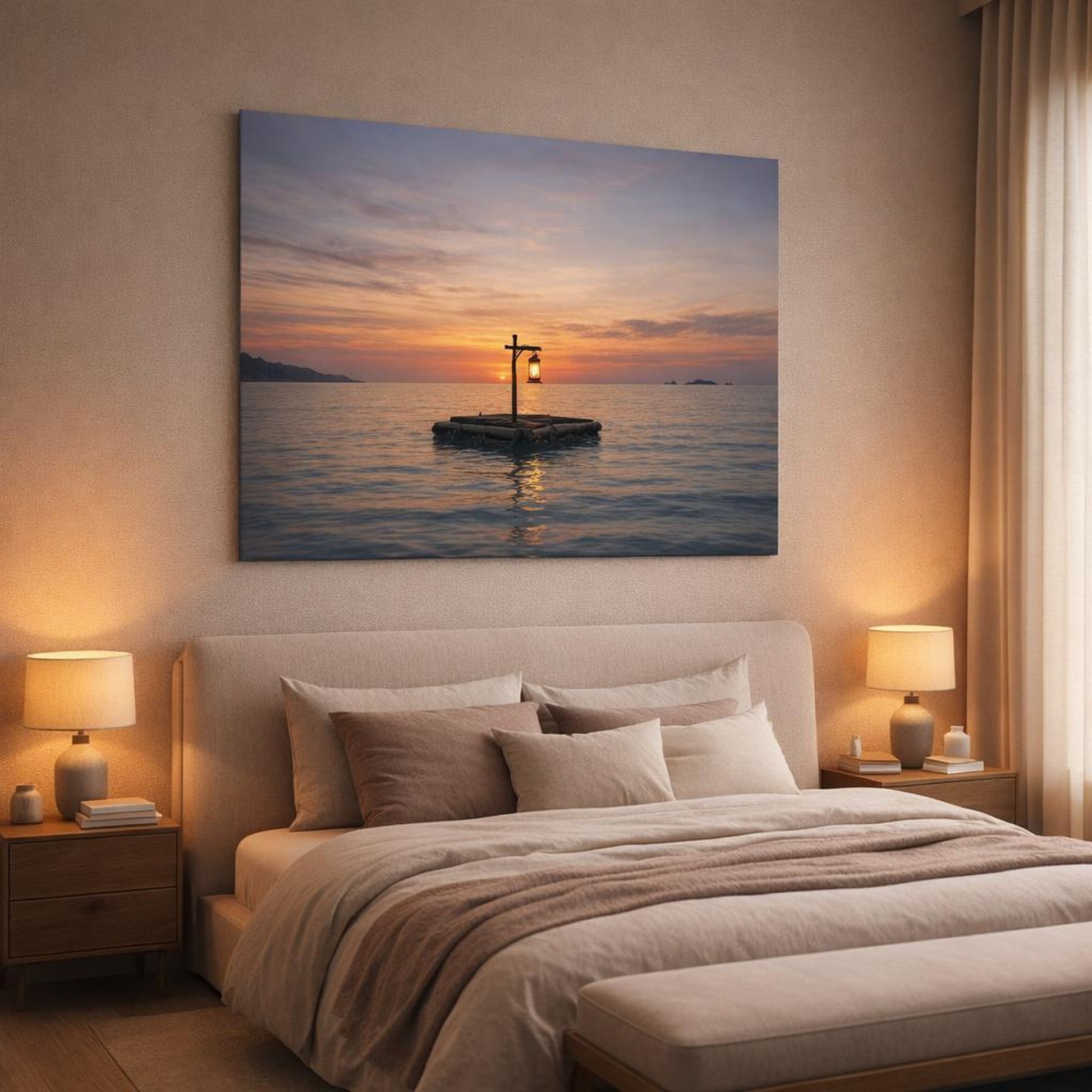 Wabi Sabi Seascape Sunset shown as canvas wall art in a luxury bedroom