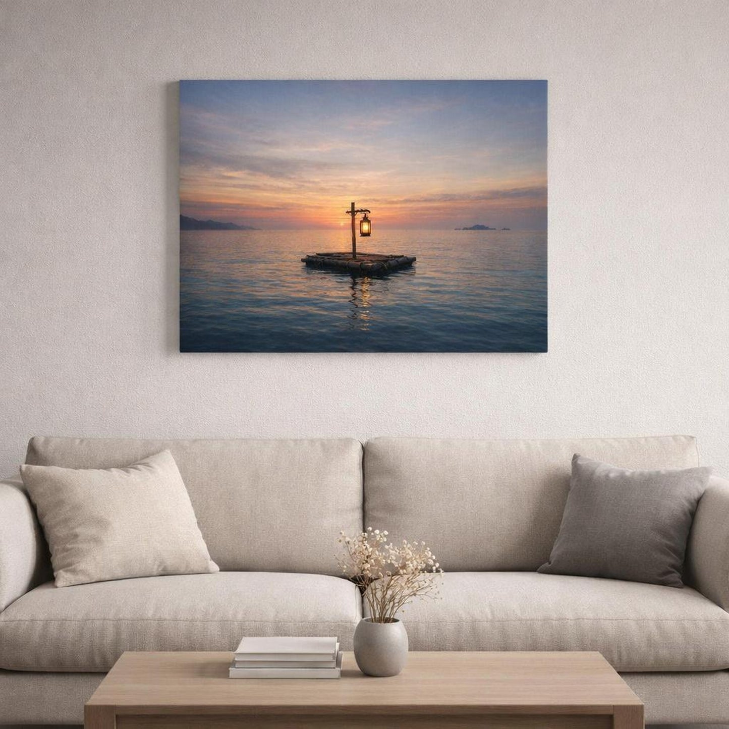 Wabi Sabi Seascape Sunset shown as canvas wall art in a refined dining room