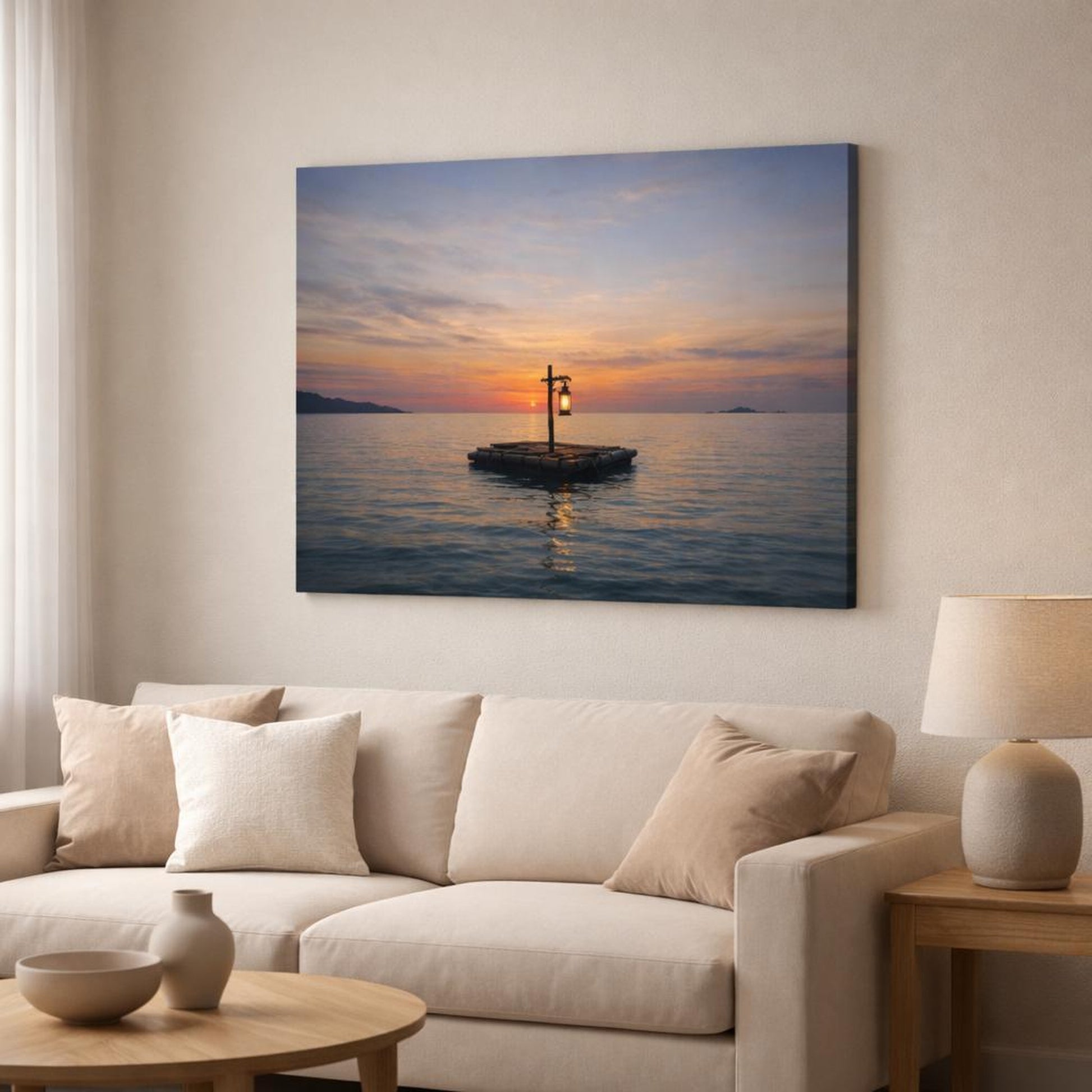 Wabi Sabi Seascape Sunset shown as canvas wall art in a modern living room
