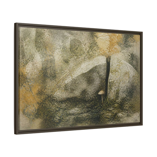 Wabi Sabi Split Stone Mushroom Framed Canvas Print – Living Room, Above Console Table, Muted Ochre, Gray, Moss Green - YesArtYes