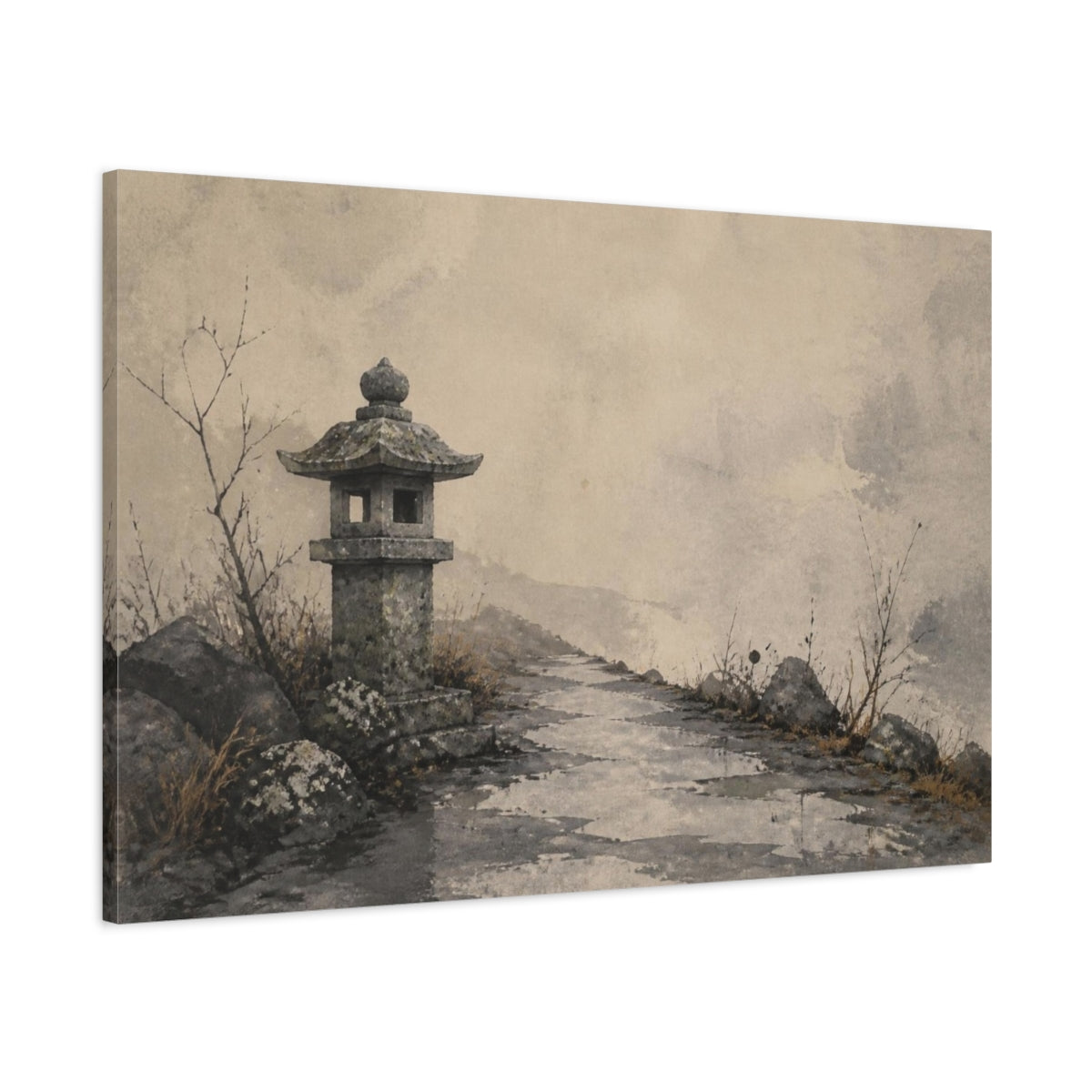 Main Mockup. Wabi Sabi Stone Lantern shown as canvas print