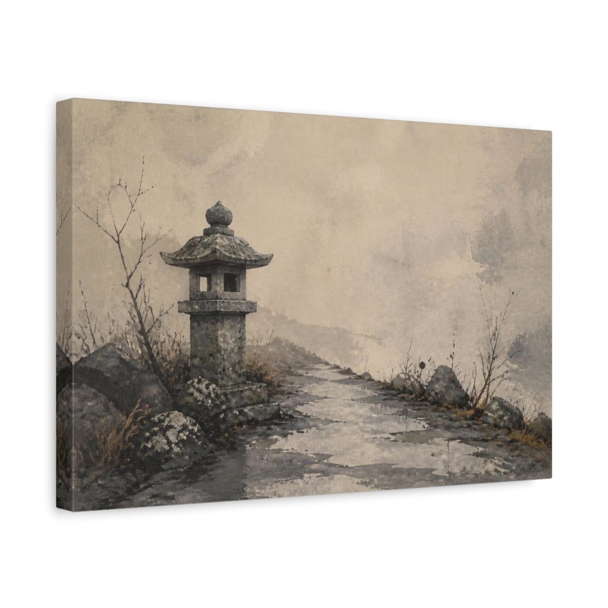 Side Mockup 4. Wabi Sabi Stone Lantern shown as canvas print