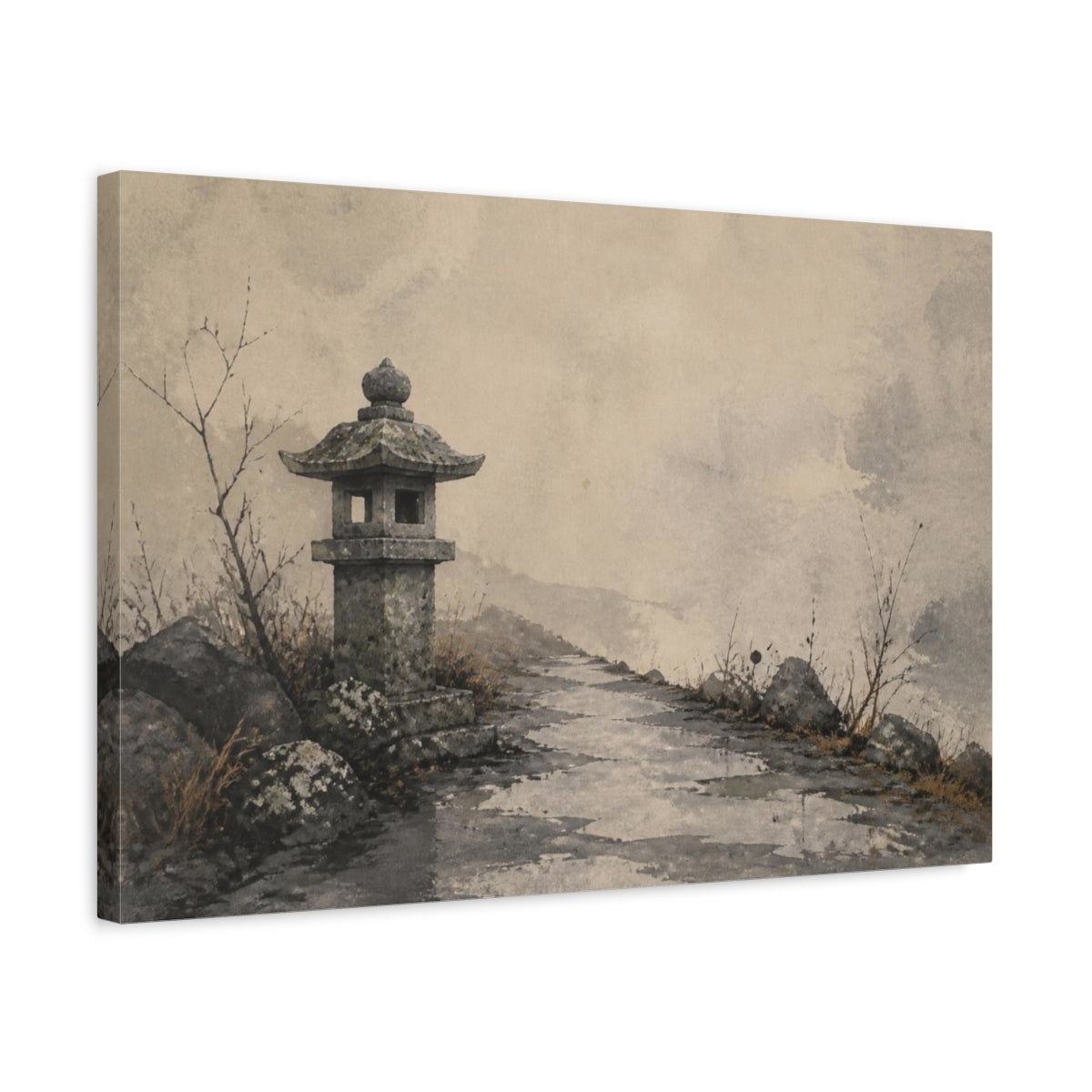 Side Mockup 3. Wabi Sabi Stone Lantern shown as canvas print