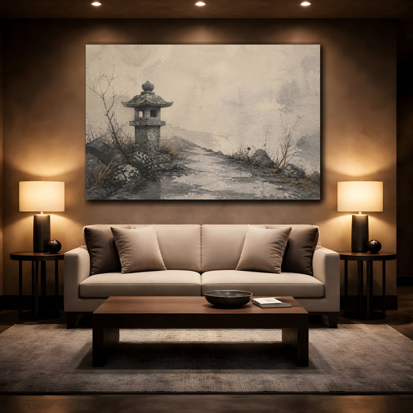 Mockup 2. Wabi Sabi Stone Lantern shown as canvas print