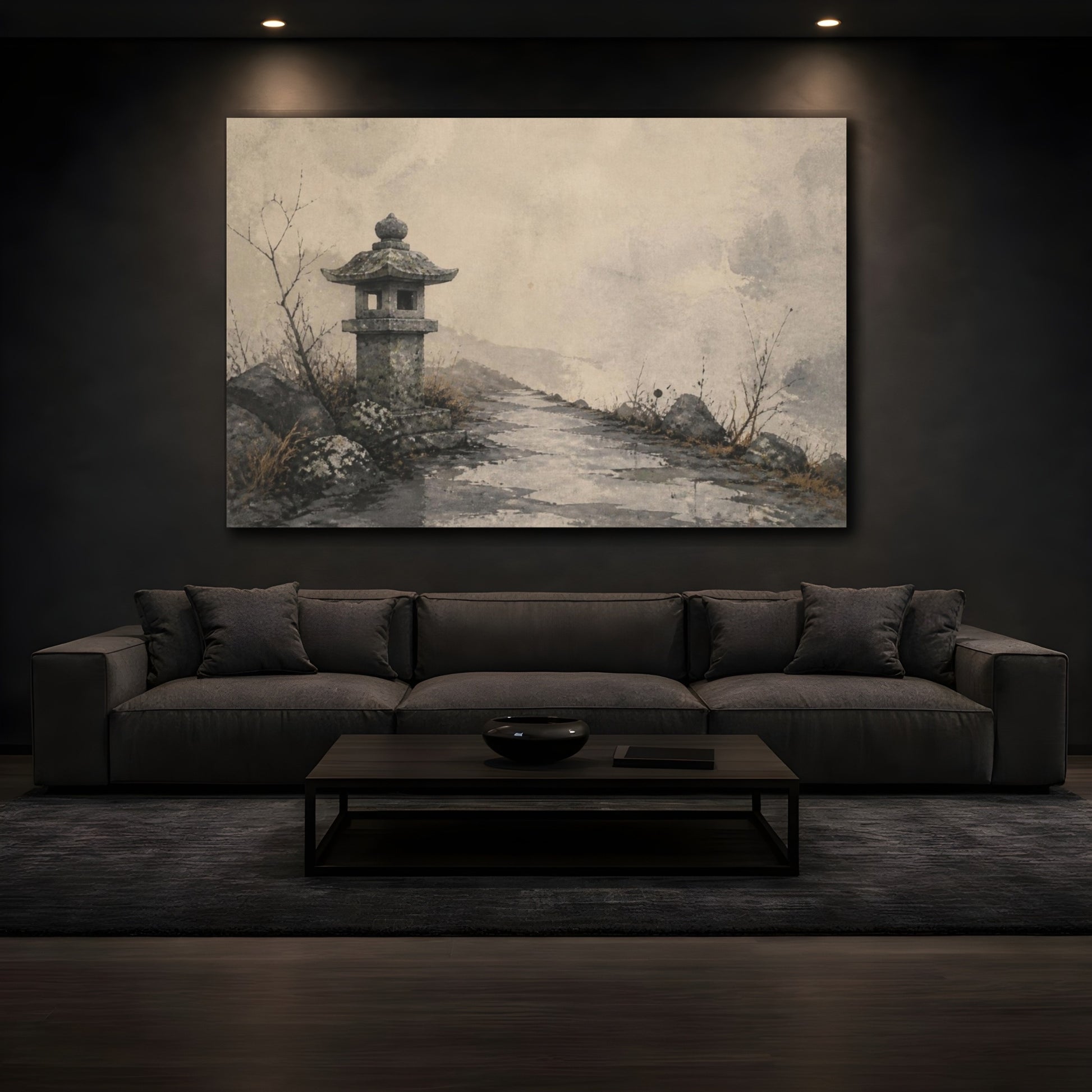 Mockup 3. Wabi Sabi Stone Lantern shown as canvas print