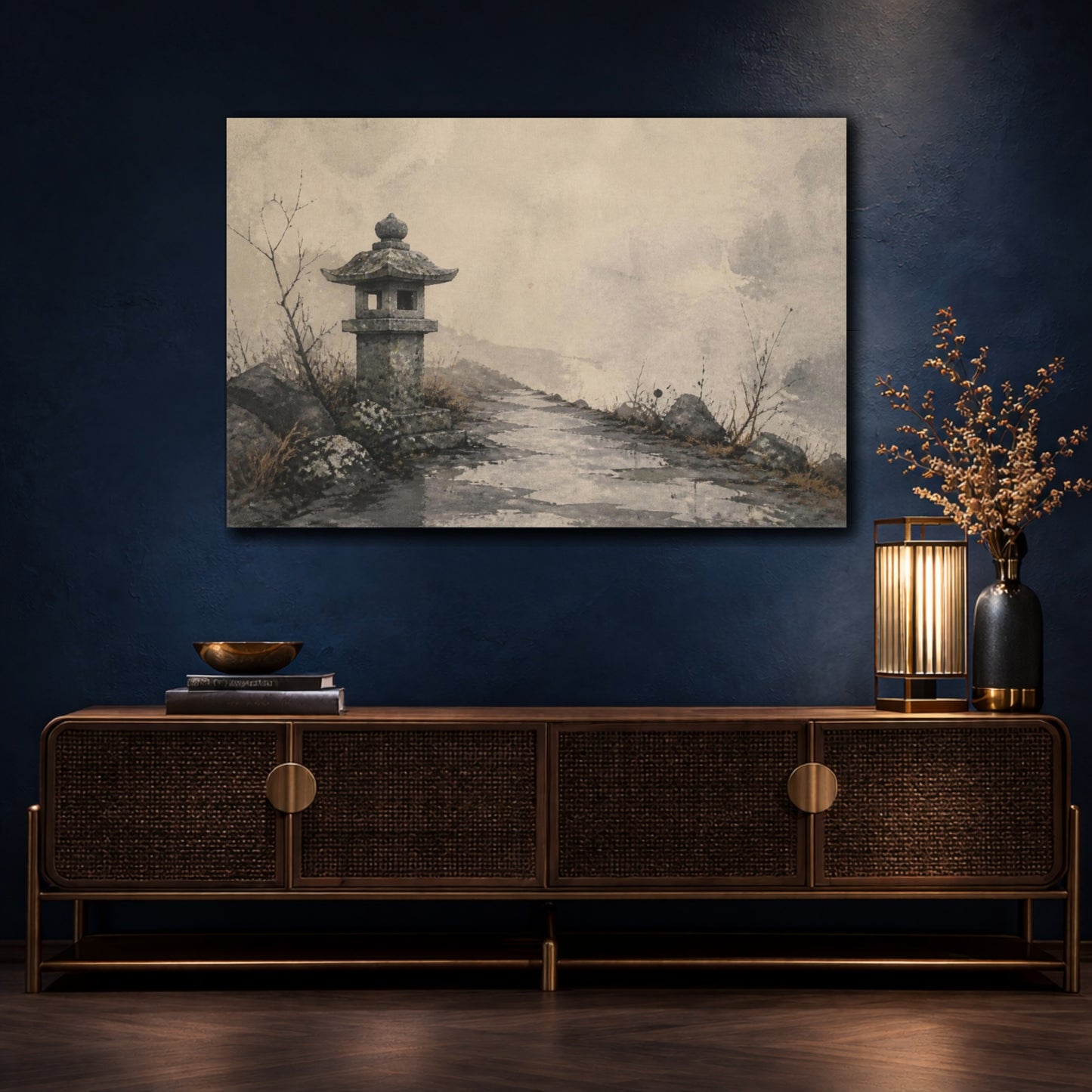 Mockup 4. Wabi Sabi Stone Lantern shown as canvas print
