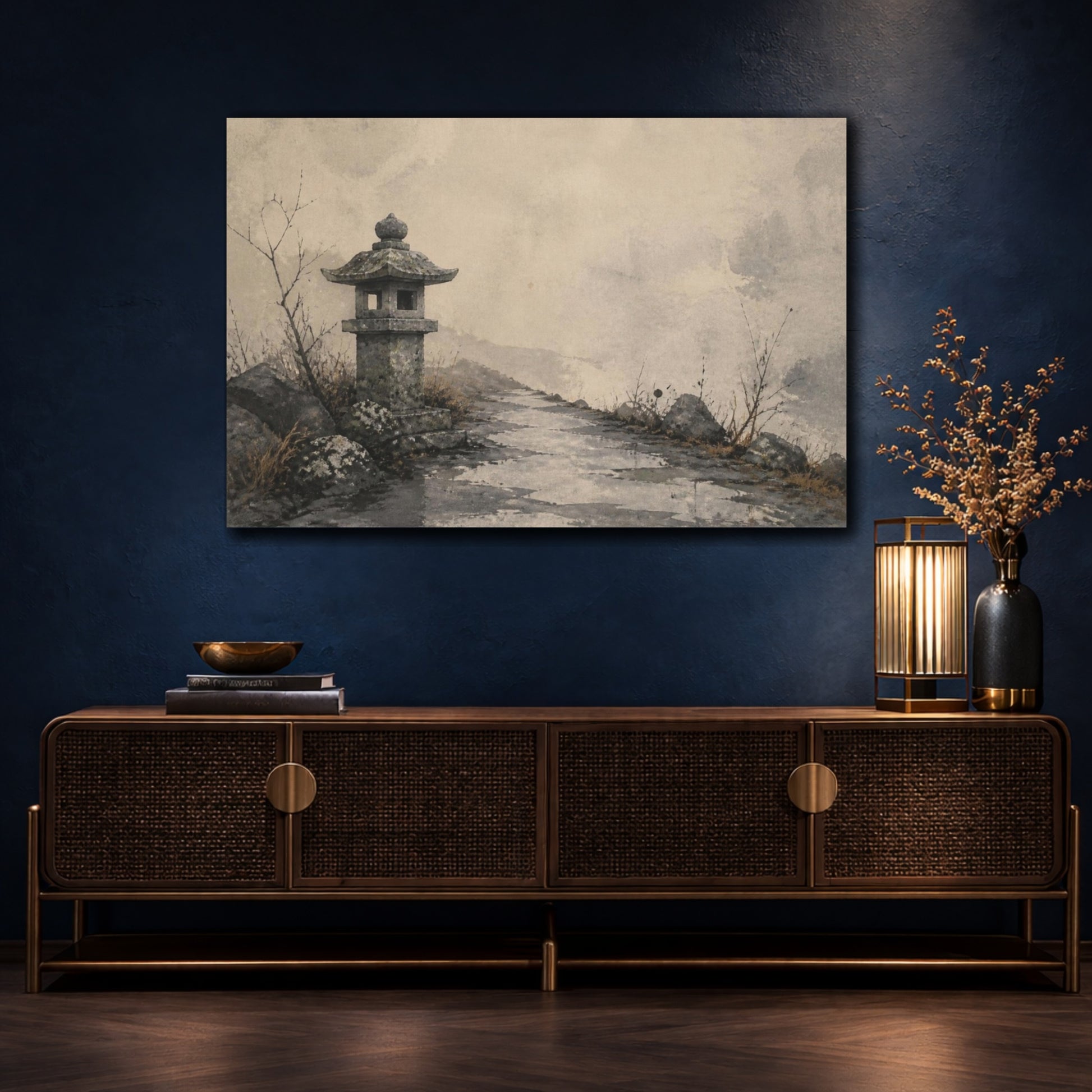 Mockup 4. Wabi Sabi Stone Lantern shown as canvas print