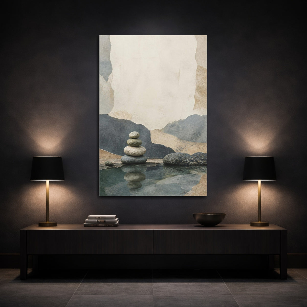 Mockup 3. Wabi Sabi Stone Stack shown as canvas print