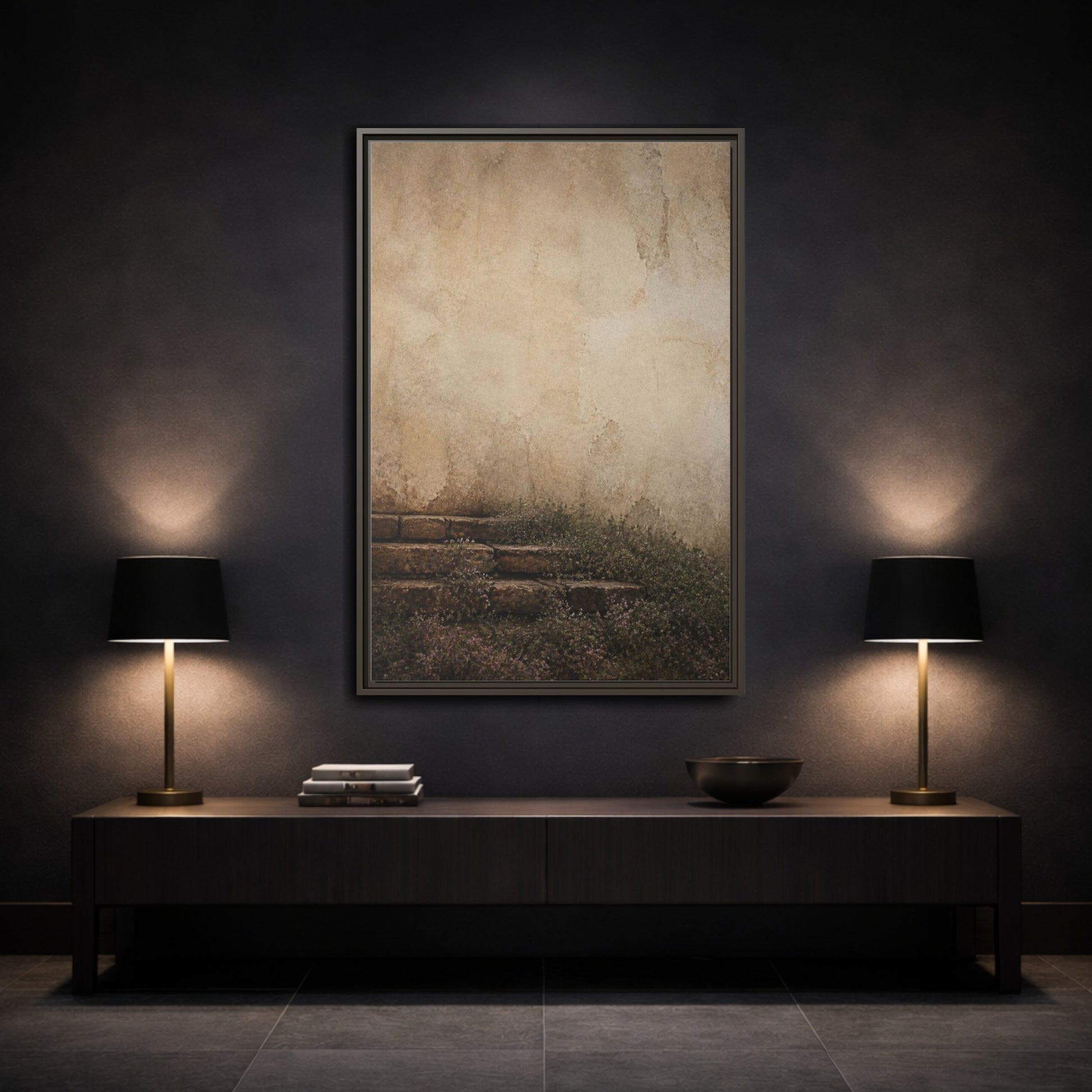 Mockup 3. Wabi Sabi Stone Steps shown as framed canvas print