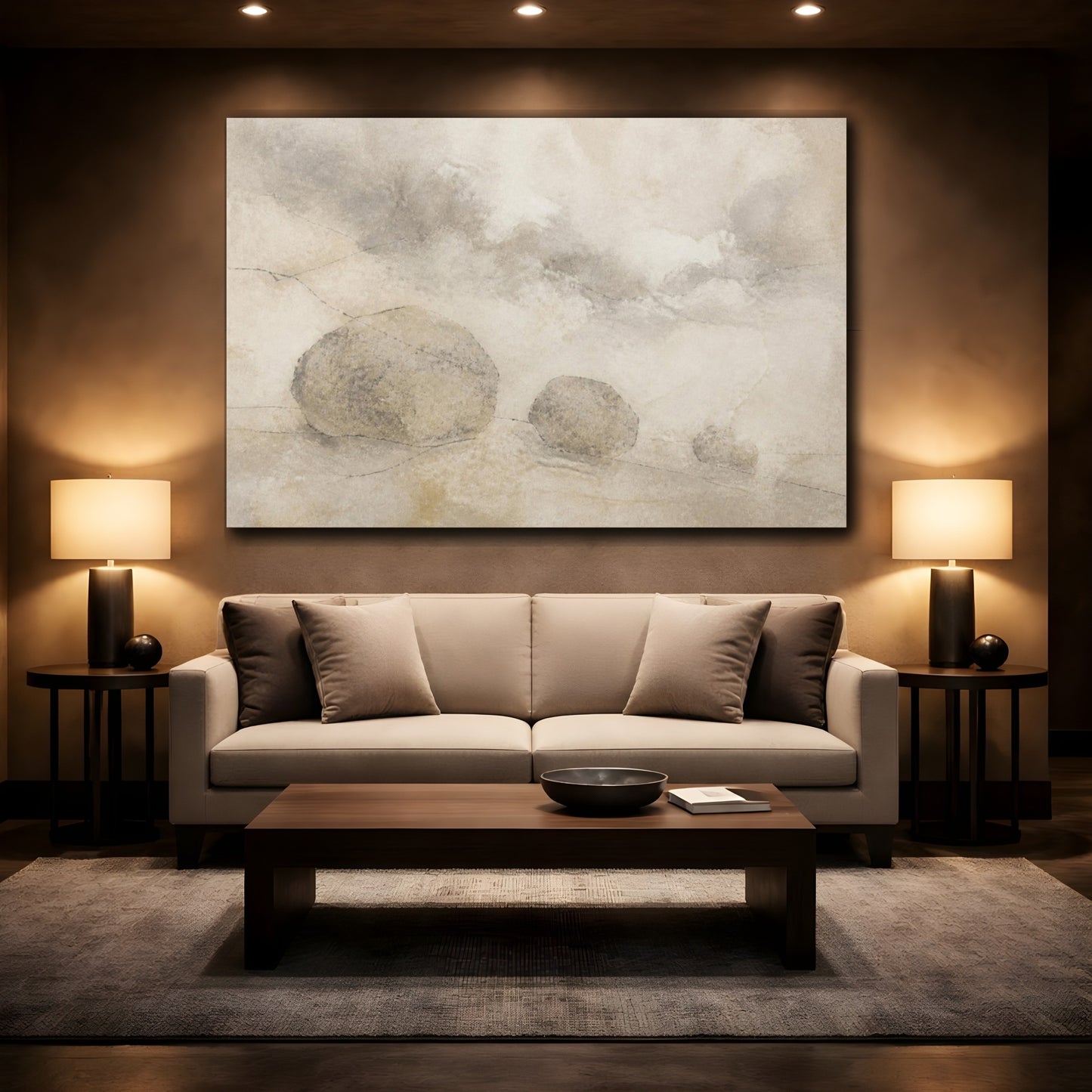 Mockup 2. Wabi Sabi Stone Trio shown as canvas print
