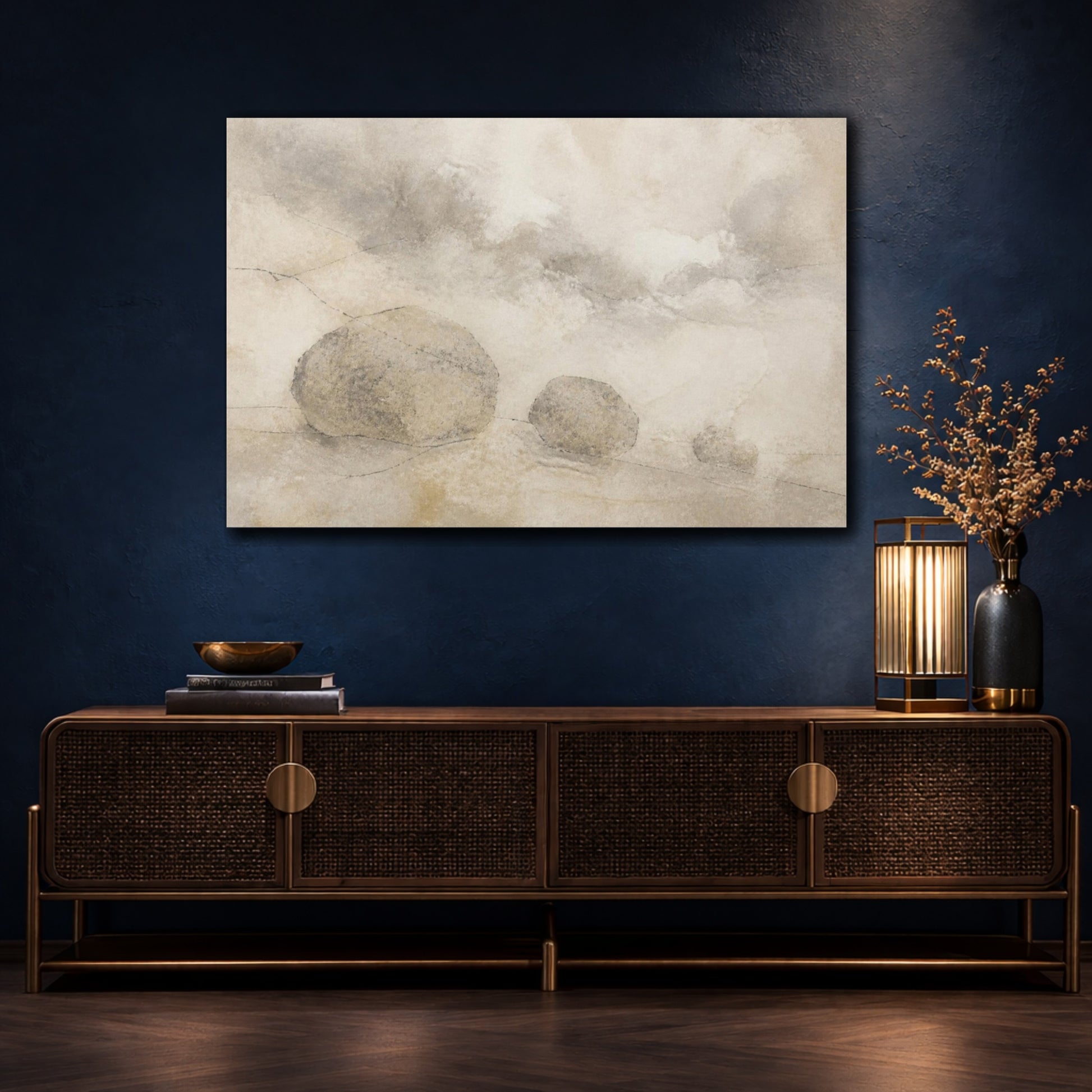 Mockup 4. Wabi Sabi Stone Trio shown as canvas print