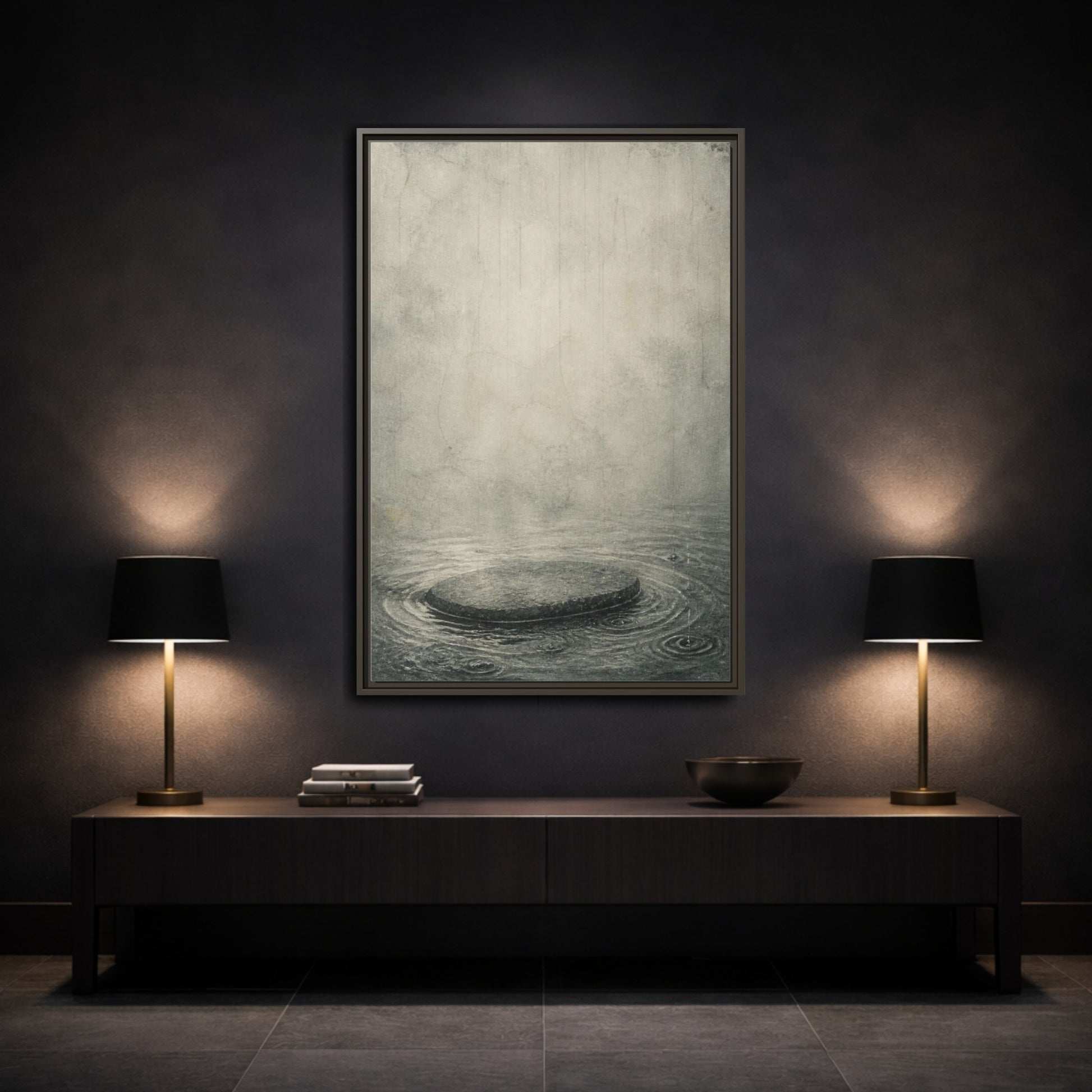 Mockup 3. Wabi Sabi Submerged Stone shown as framed canvas print