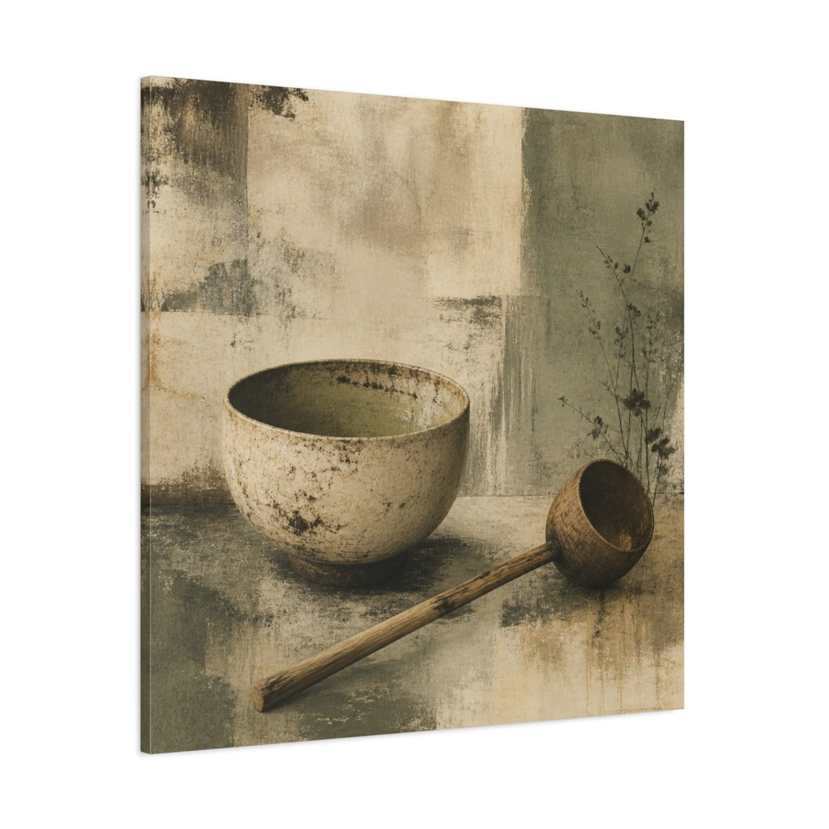 Side Mockup 1. Wabi Sabi Tea Bowl Still Life shown as canvas print