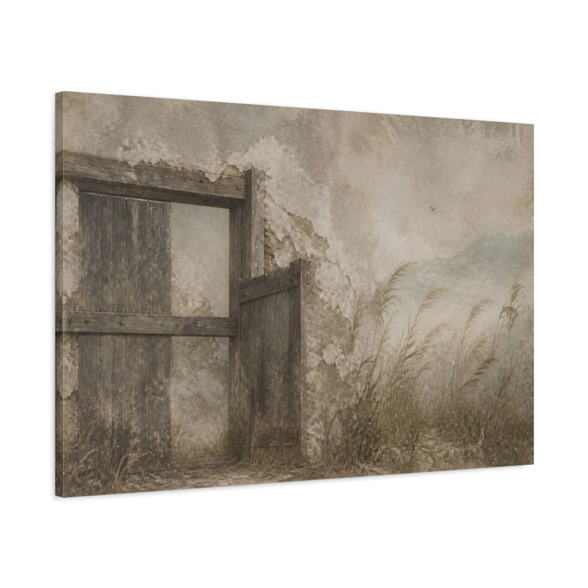 Main Mockup. Wabi Sabi Weathered Gate shown as canvas print