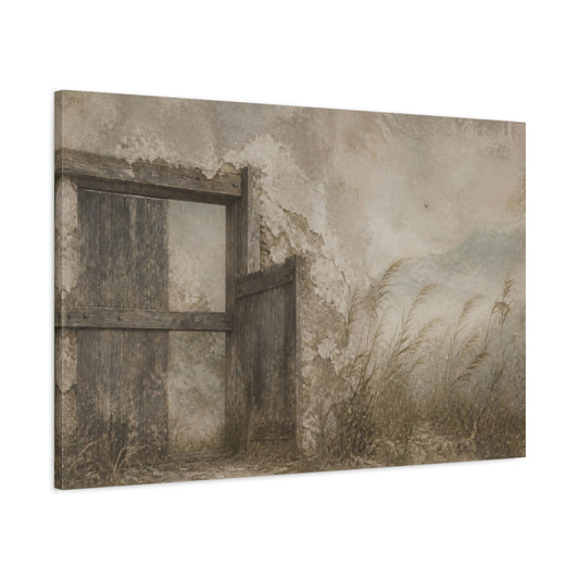 Main Mockup. Wabi Sabi Weathered Gate shown as canvas print