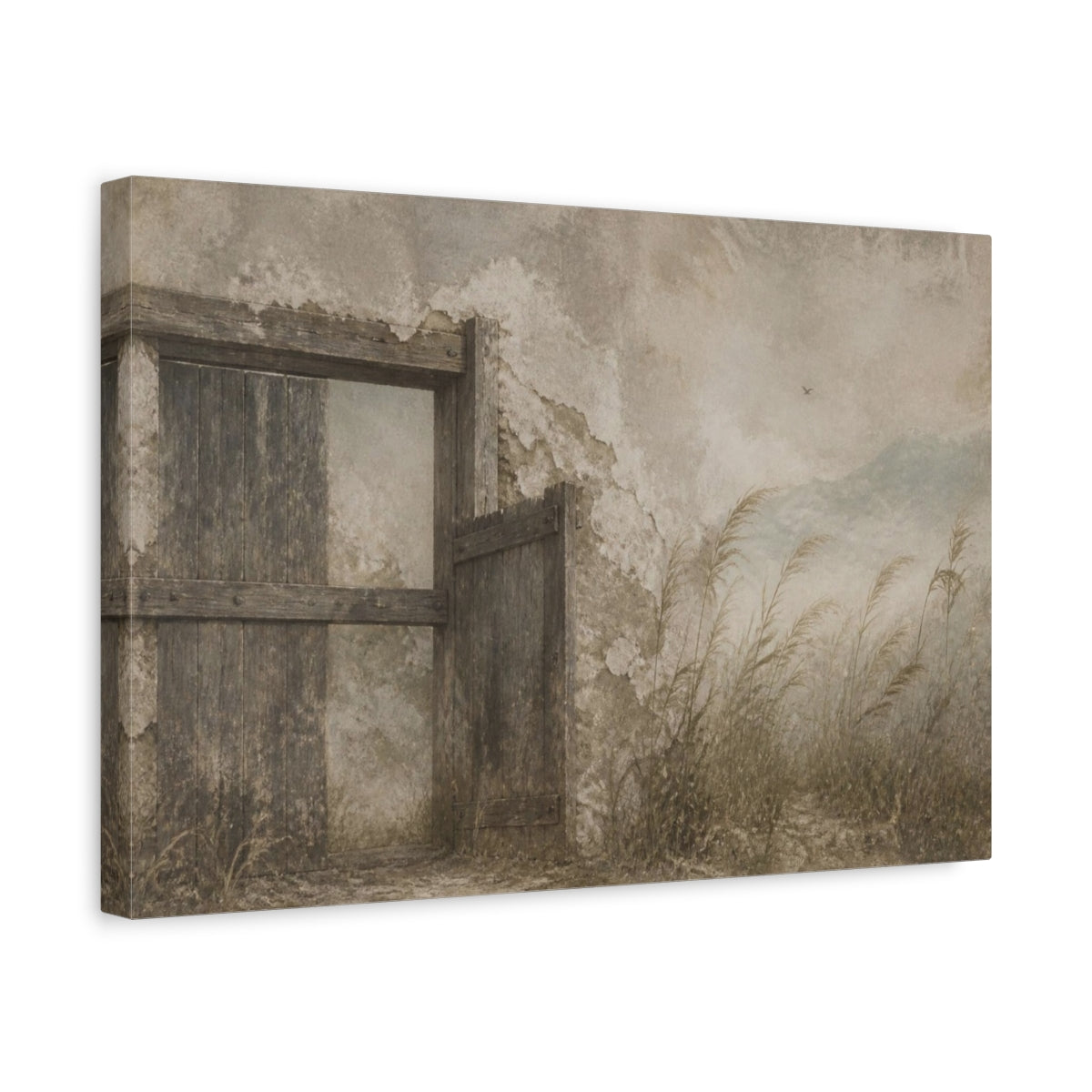 Side Mockup 4. Wabi Sabi Weathered Gate shown as canvas print
