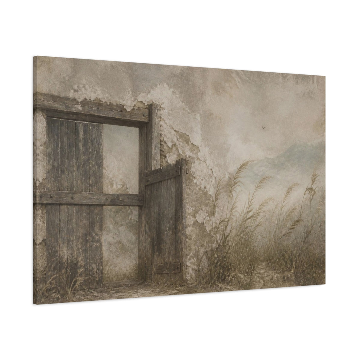 Side Mockup 1. Wabi Sabi Weathered Gate shown as canvas print