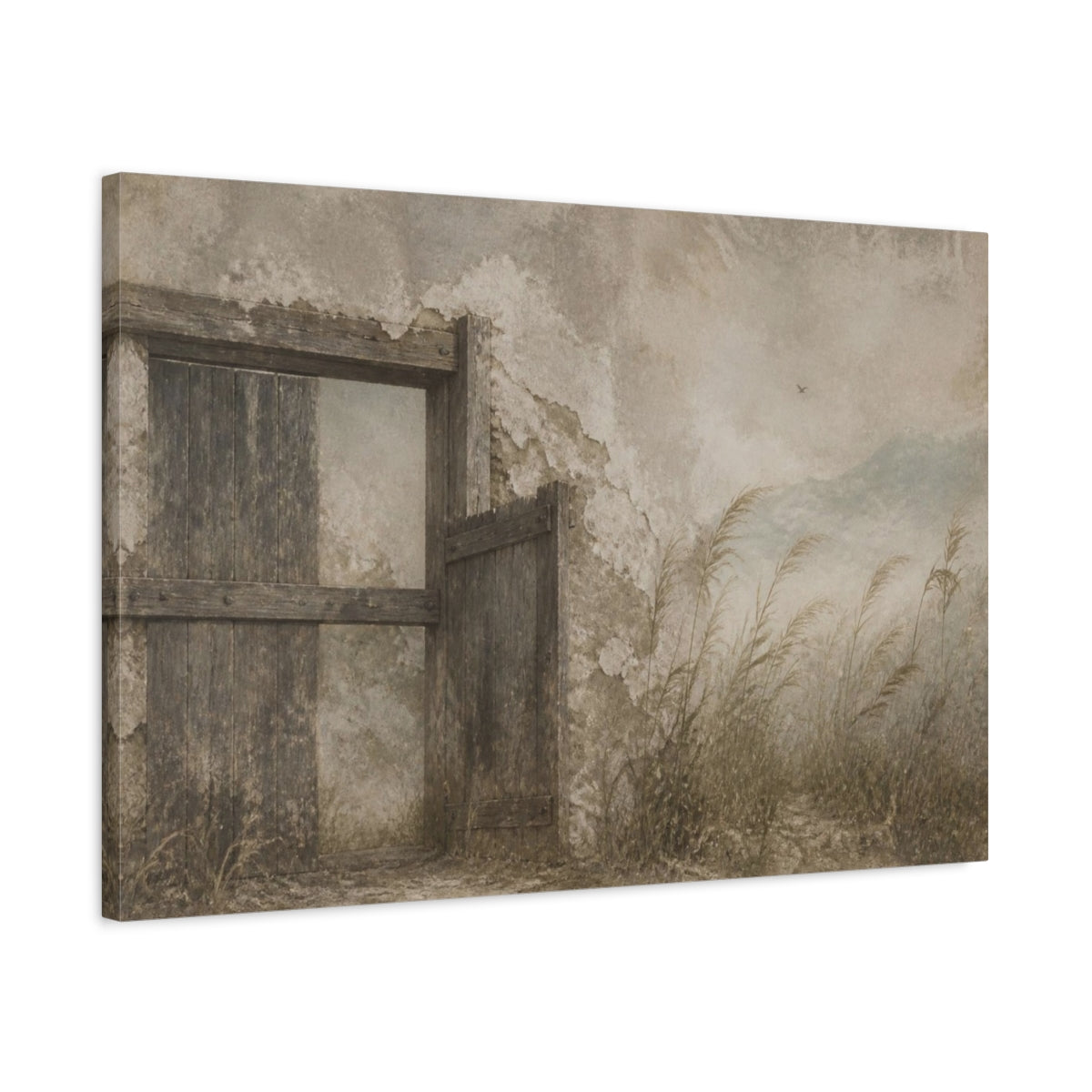 Side Mockup 2. Wabi Sabi Weathered Gate shown as canvas print