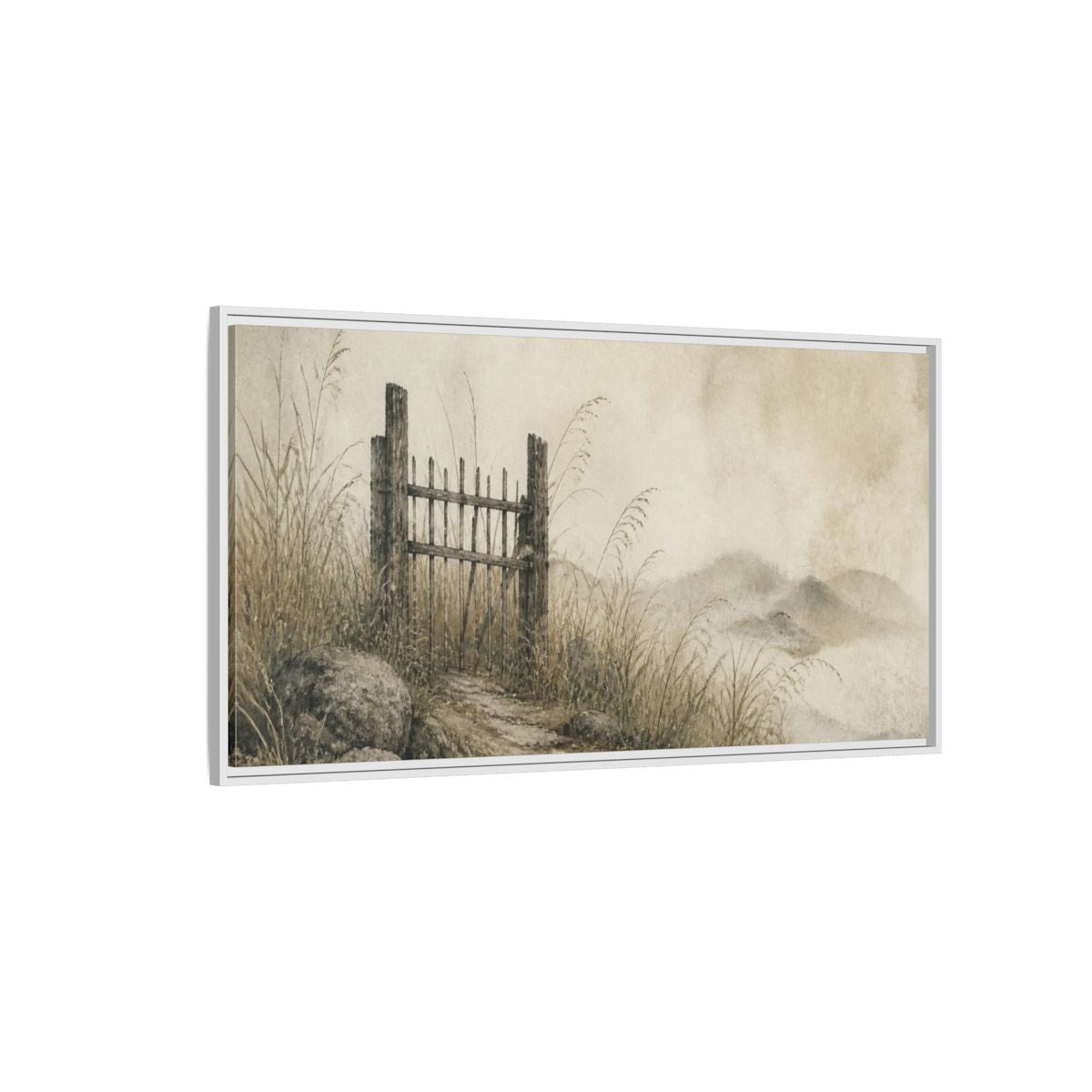 Side Mockup 3. Wabi Sabi Weathered Gate shown as framed canvas print