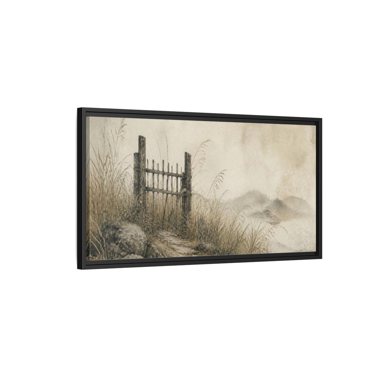 Side Mockup 2. Wabi Sabi Weathered Gate shown as framed canvas print