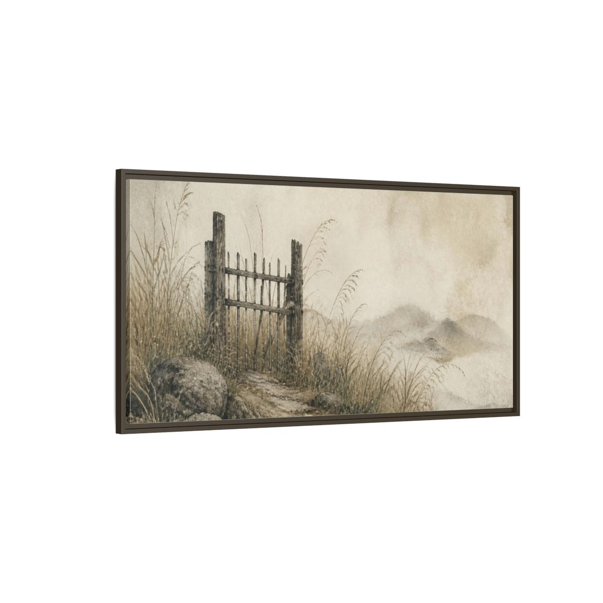 Side Mockup 4. Wabi Sabi Weathered Gate shown as framed canvas print