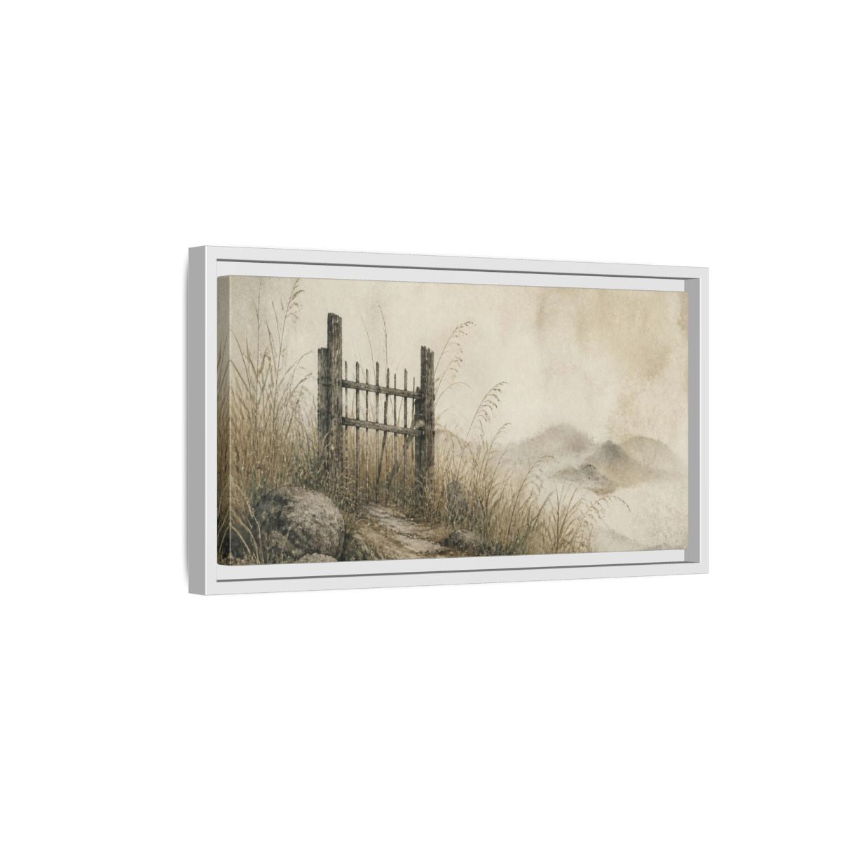 Side Mockup 6. Wabi Sabi Weathered Gate shown as framed canvas print