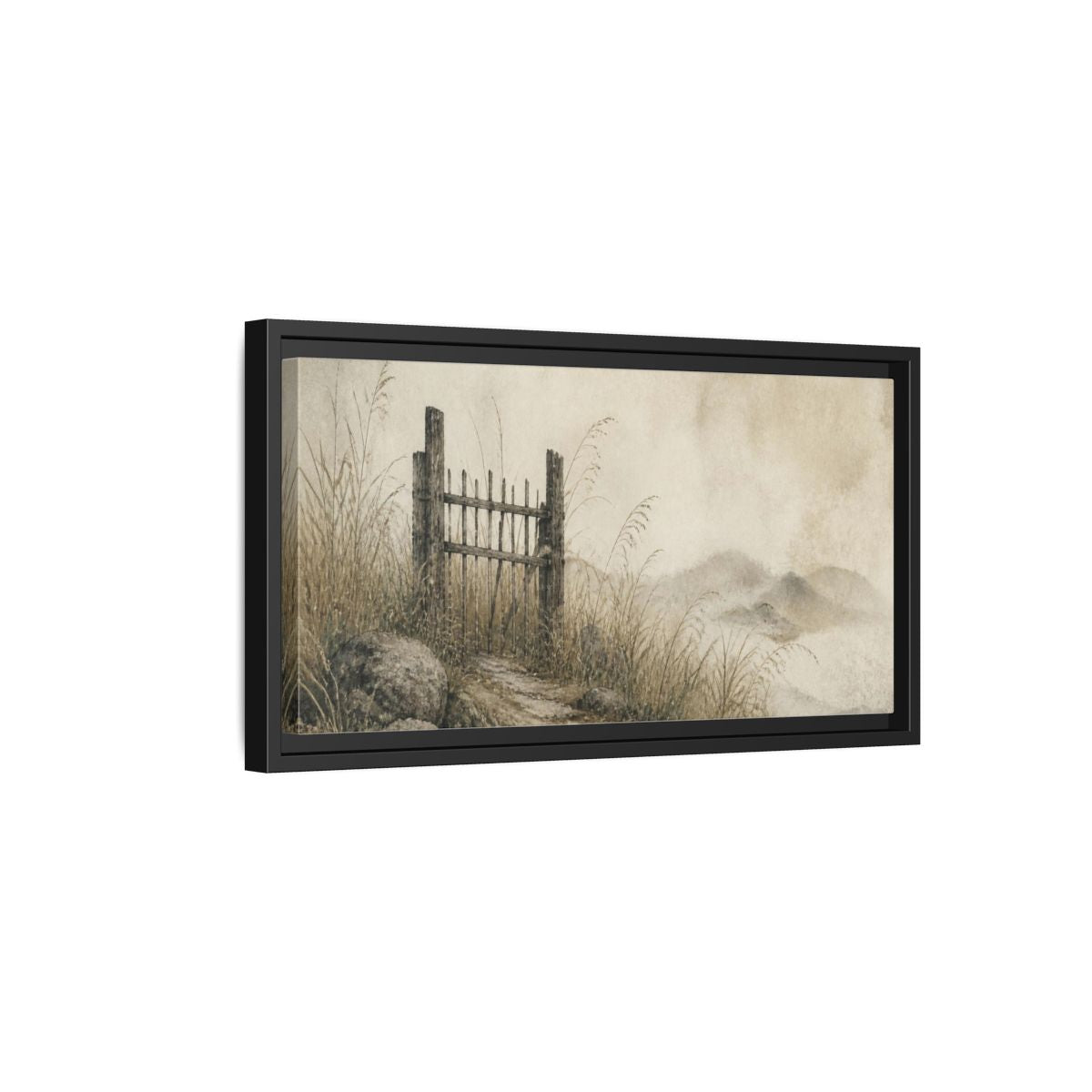 Side Mockup 8. Wabi Sabi Weathered Gate shown as framed canvas print