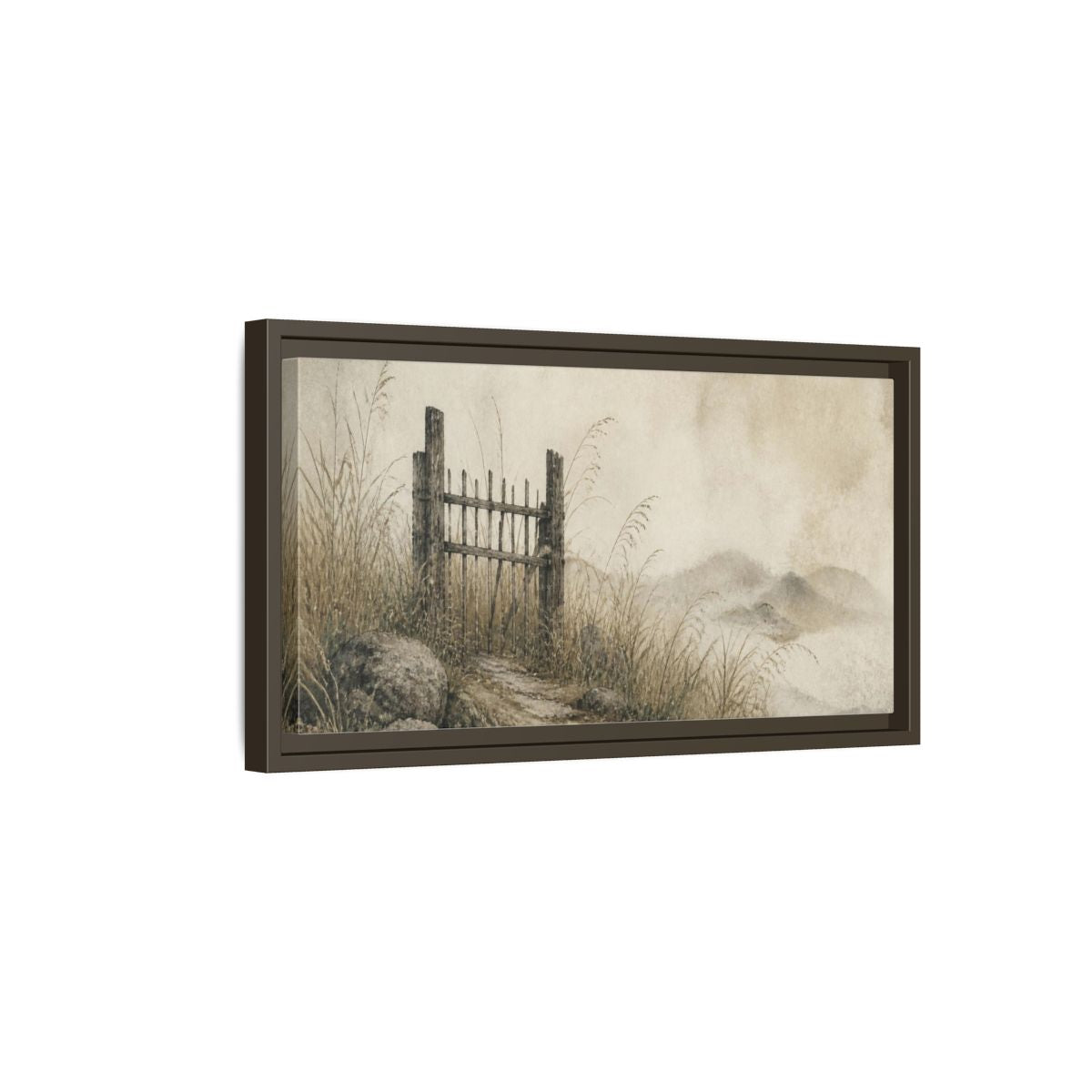 Side Mockup 7. Wabi Sabi Weathered Gate shown as framed canvas print