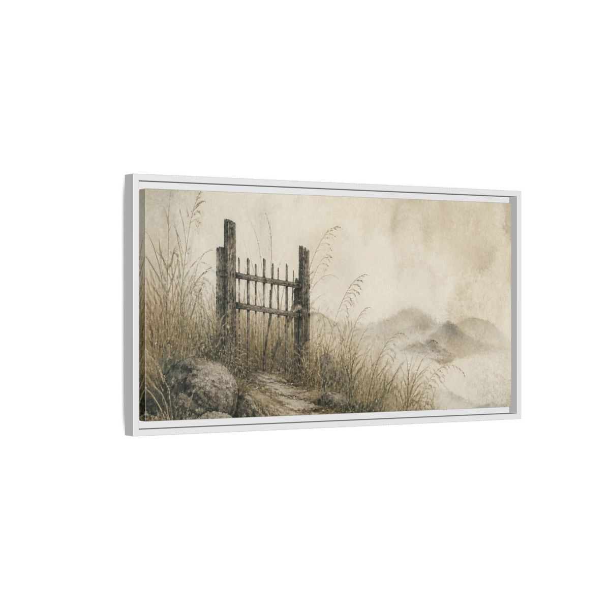 Side Mockup 1. Wabi Sabi Weathered Gate shown as framed canvas print