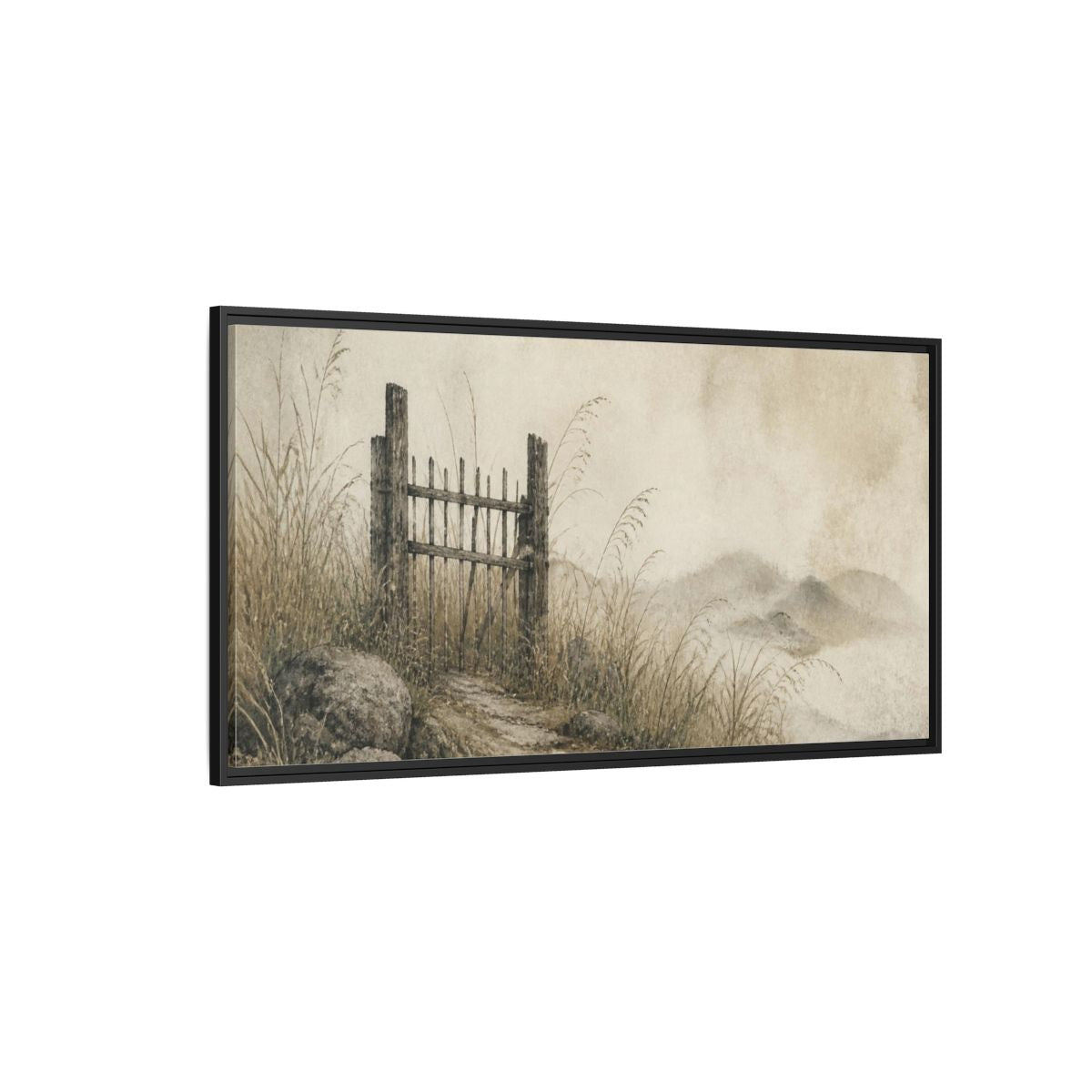 Side Mockup 5. Wabi Sabi Weathered Gate shown as framed canvas print
